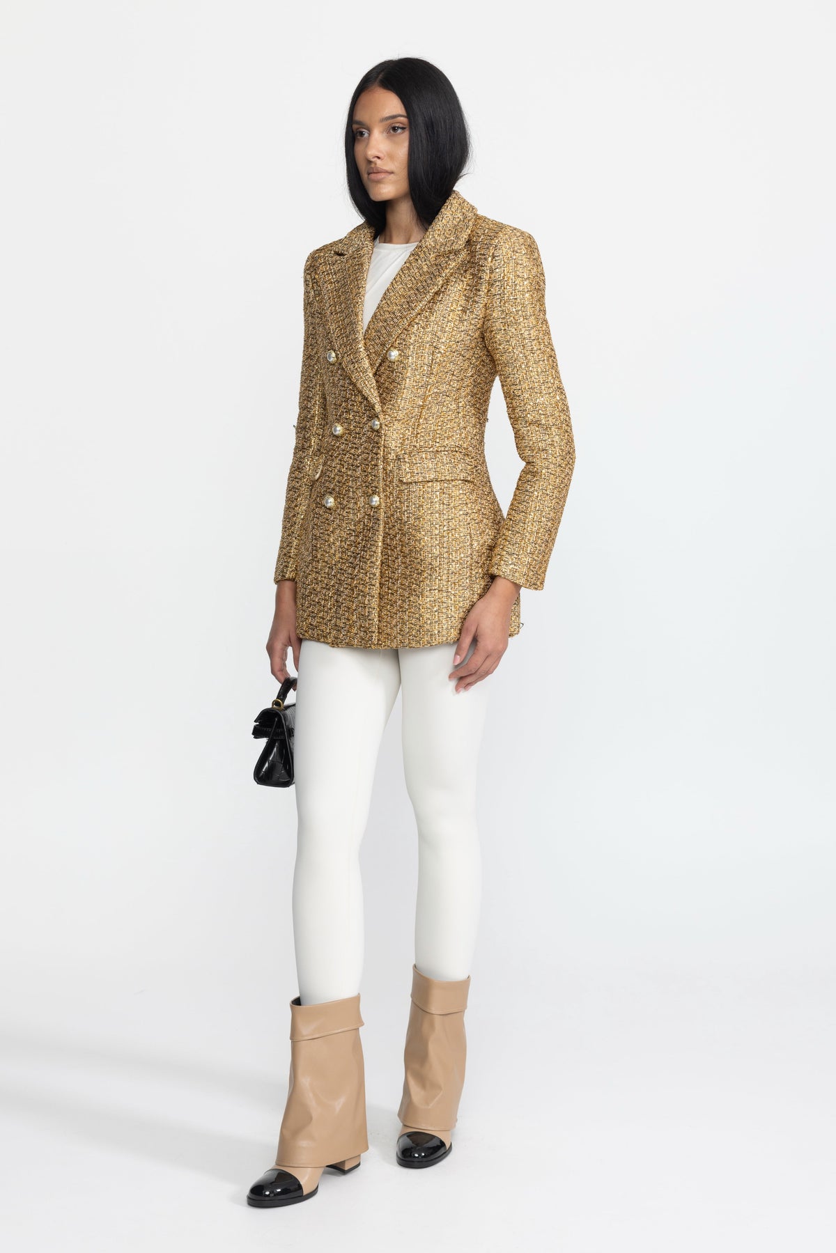 Ermeline Gold Metallic Tweed Double-Breasted Blazer with Pearl Buttons