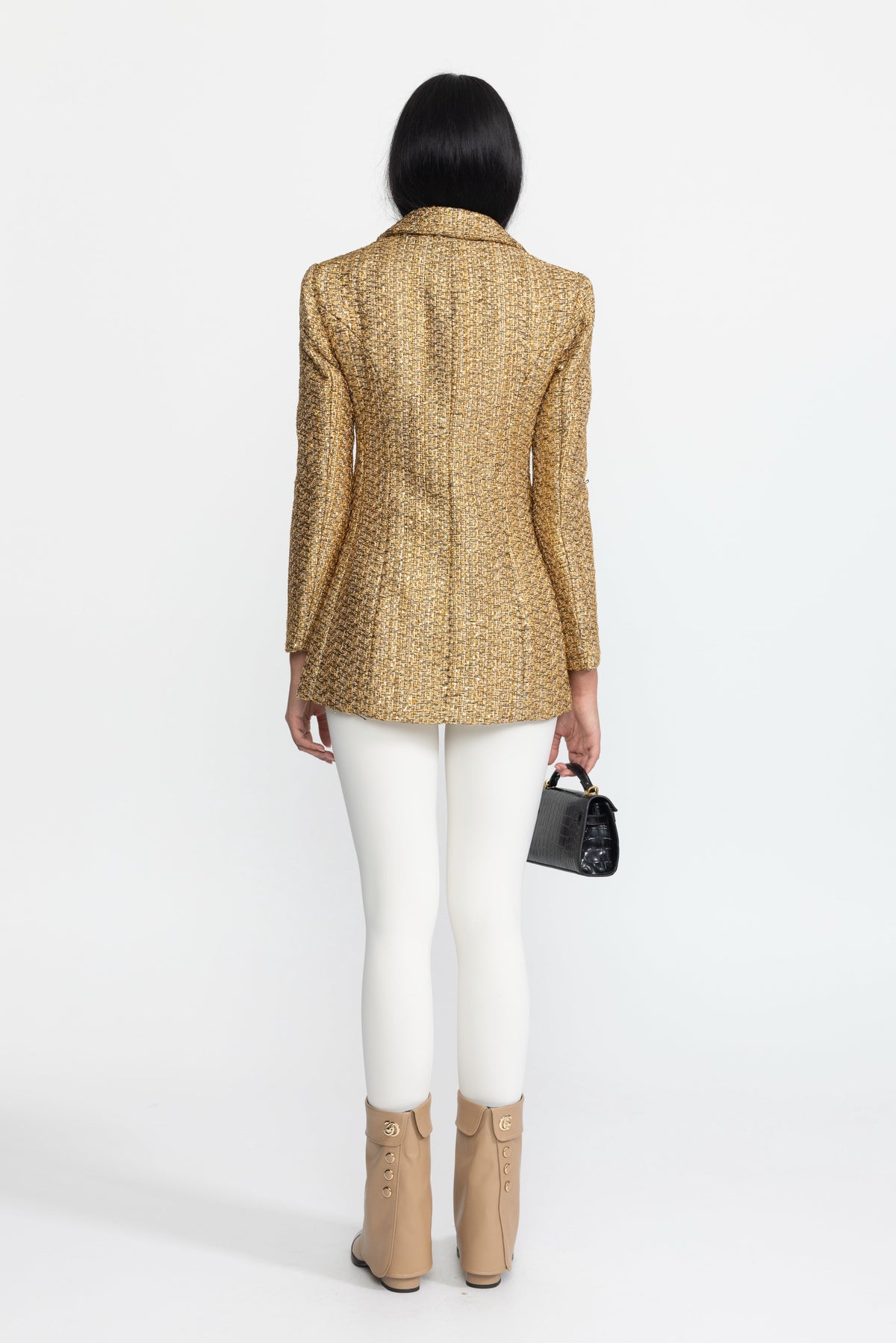 Ermeline Gold Metallic Tweed Double-Breasted Blazer with Pearl Buttons