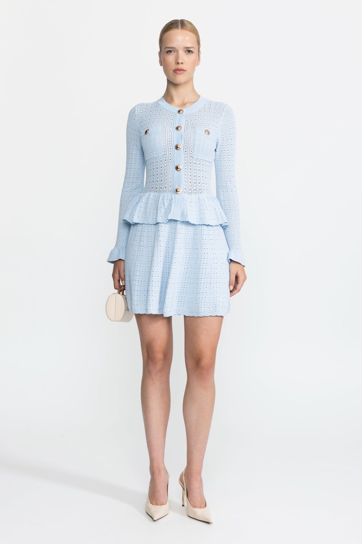 Henriette Light Blue Pointelle Knit Peplum Mini Dress with Gold Buttons
