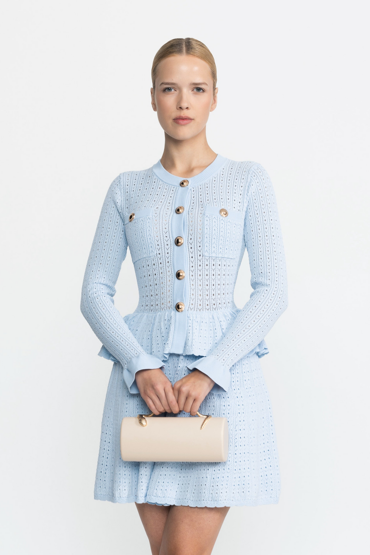 Henriette Light Blue Pointelle Knit Peplum Mini Dress with Gold Buttons