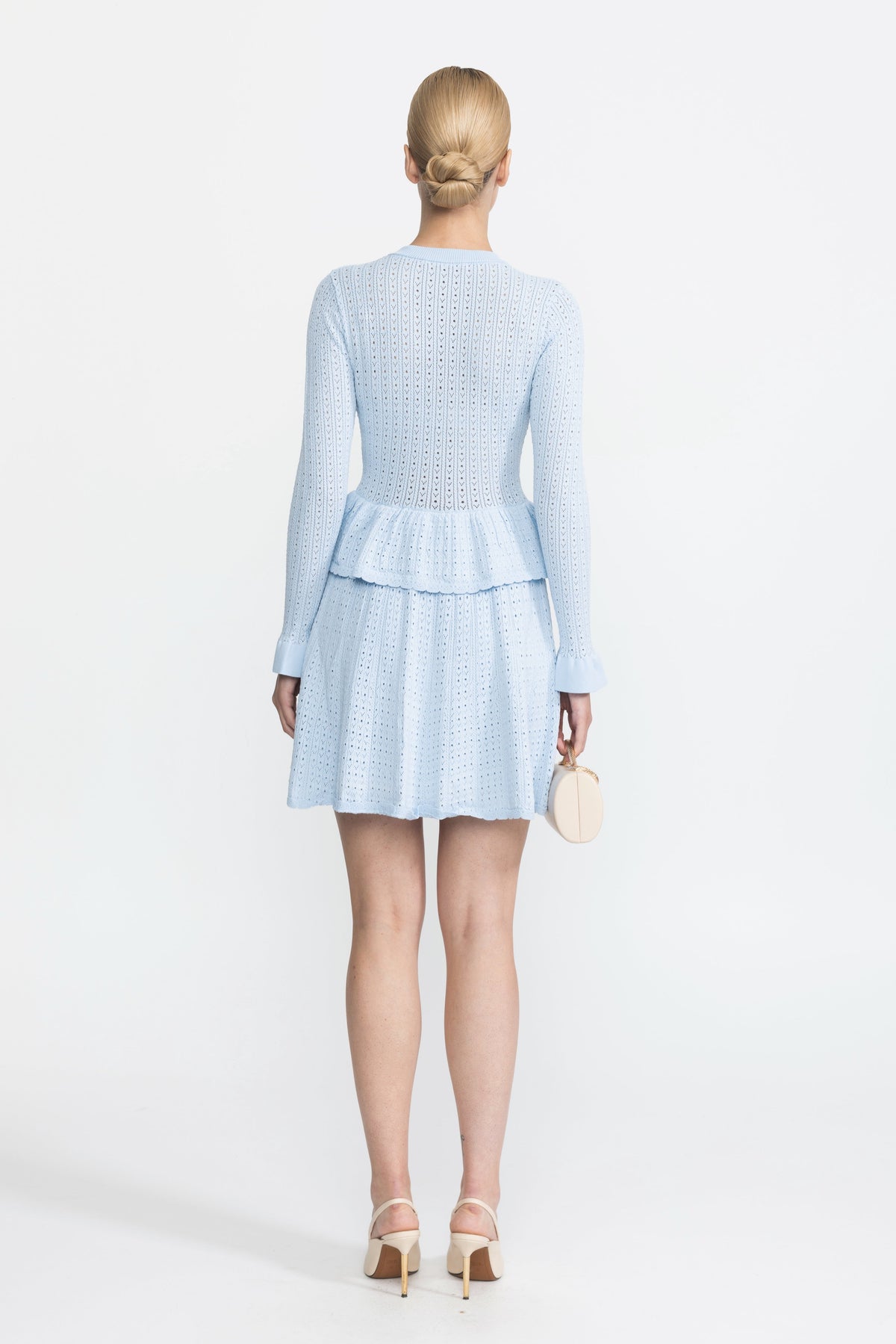 Henriette Light Blue Pointelle Knit Peplum Mini Dress with Gold Buttons