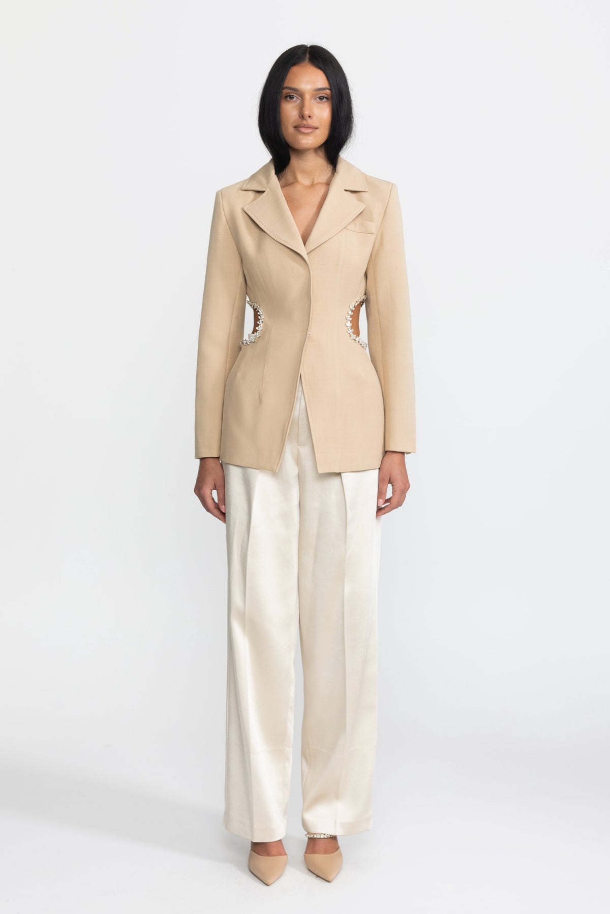 Laetitia Beige Crystal Trim Cutout Waist Tailored Blazer