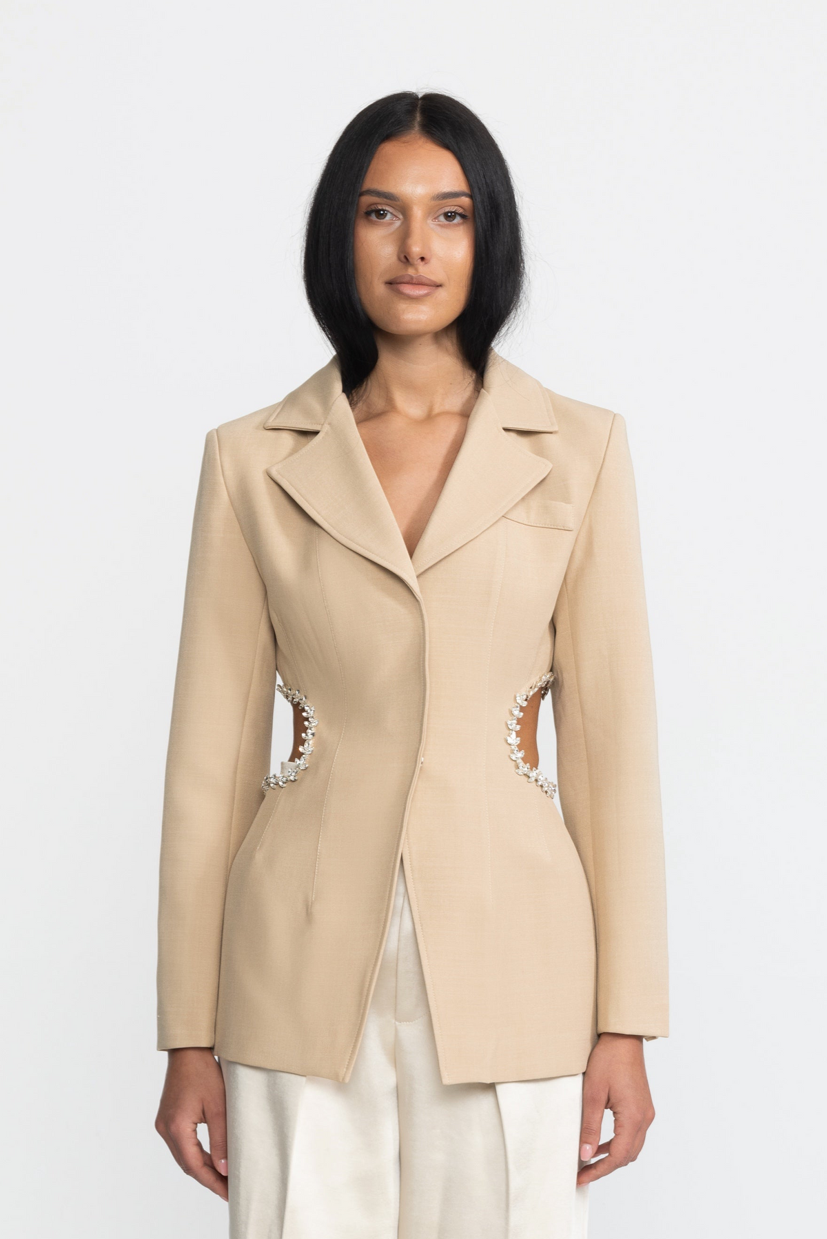 Laetitia Beige Crystal Trim Cutout Waist Tailored Blazer