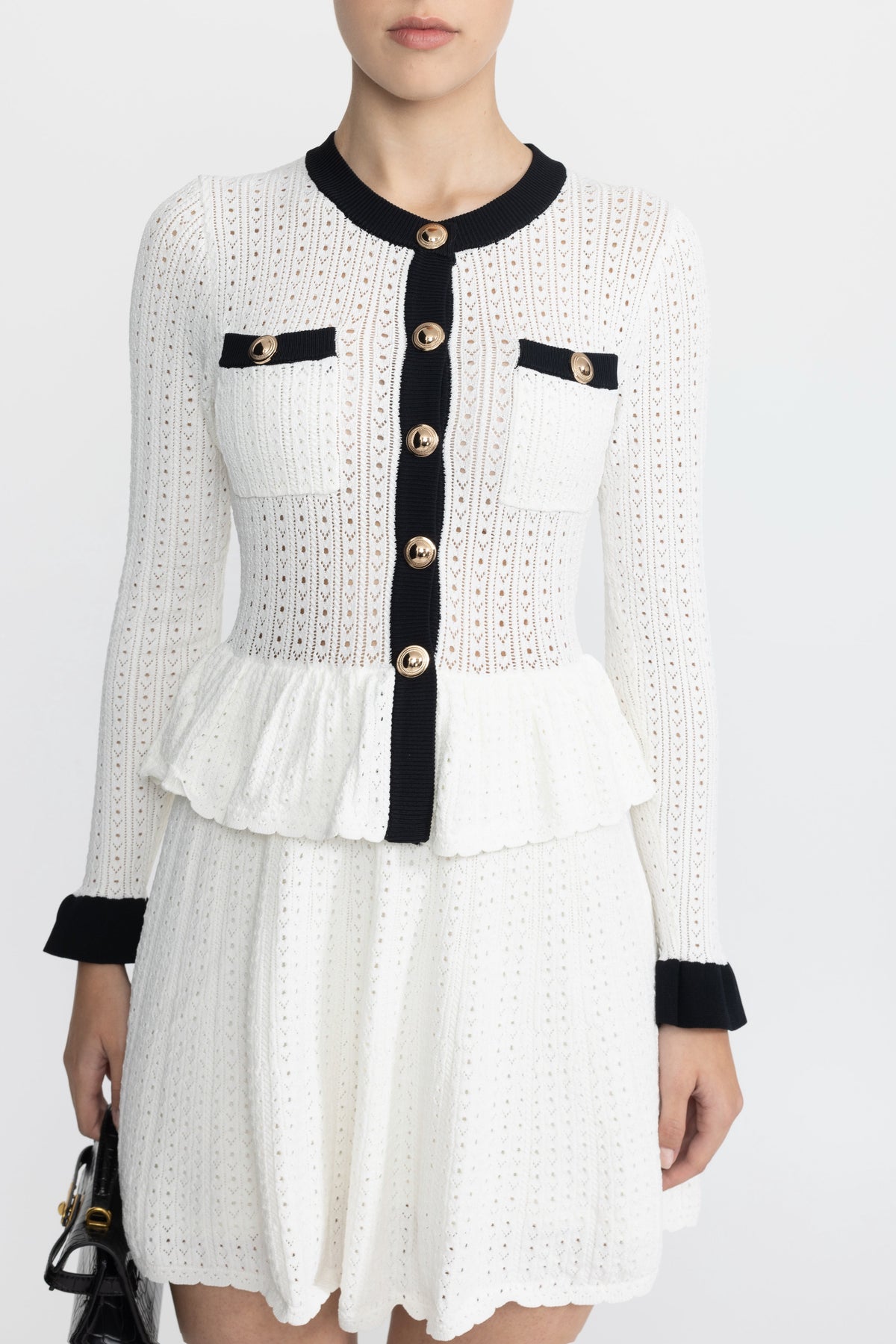 Henriette White Pointelle Knit Peplum Mini Dress with Gold Buttons