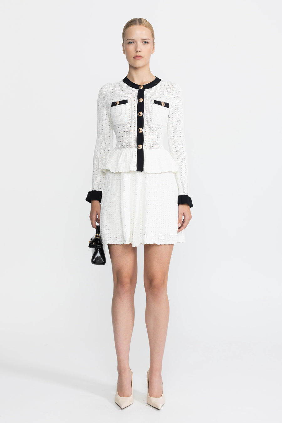 Henriette White Pointelle Knit Peplum Mini Dress with Gold Buttons