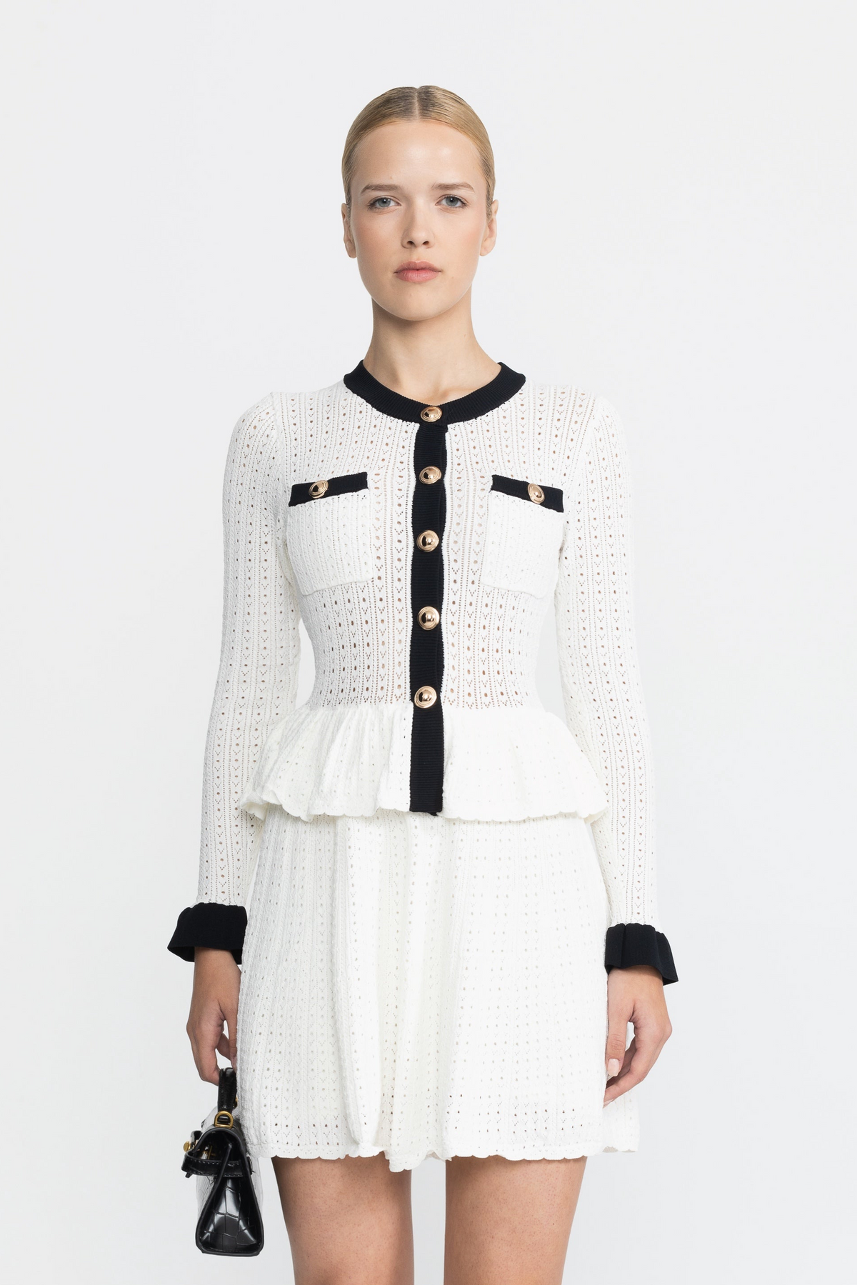 Henriette White Pointelle Knit Peplum Mini Dress with Gold Buttons