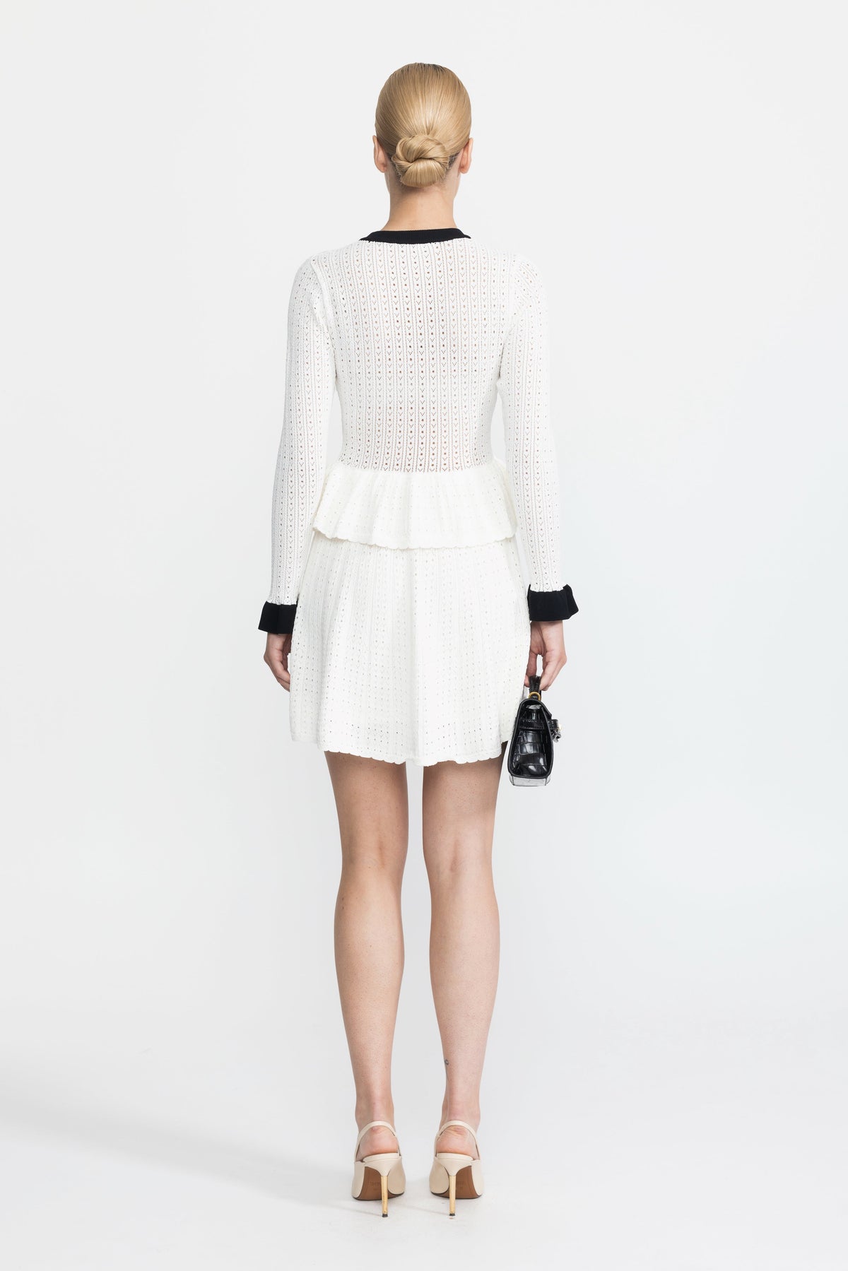 Henriette White Pointelle Knit Peplum Mini Dress with Gold Buttons