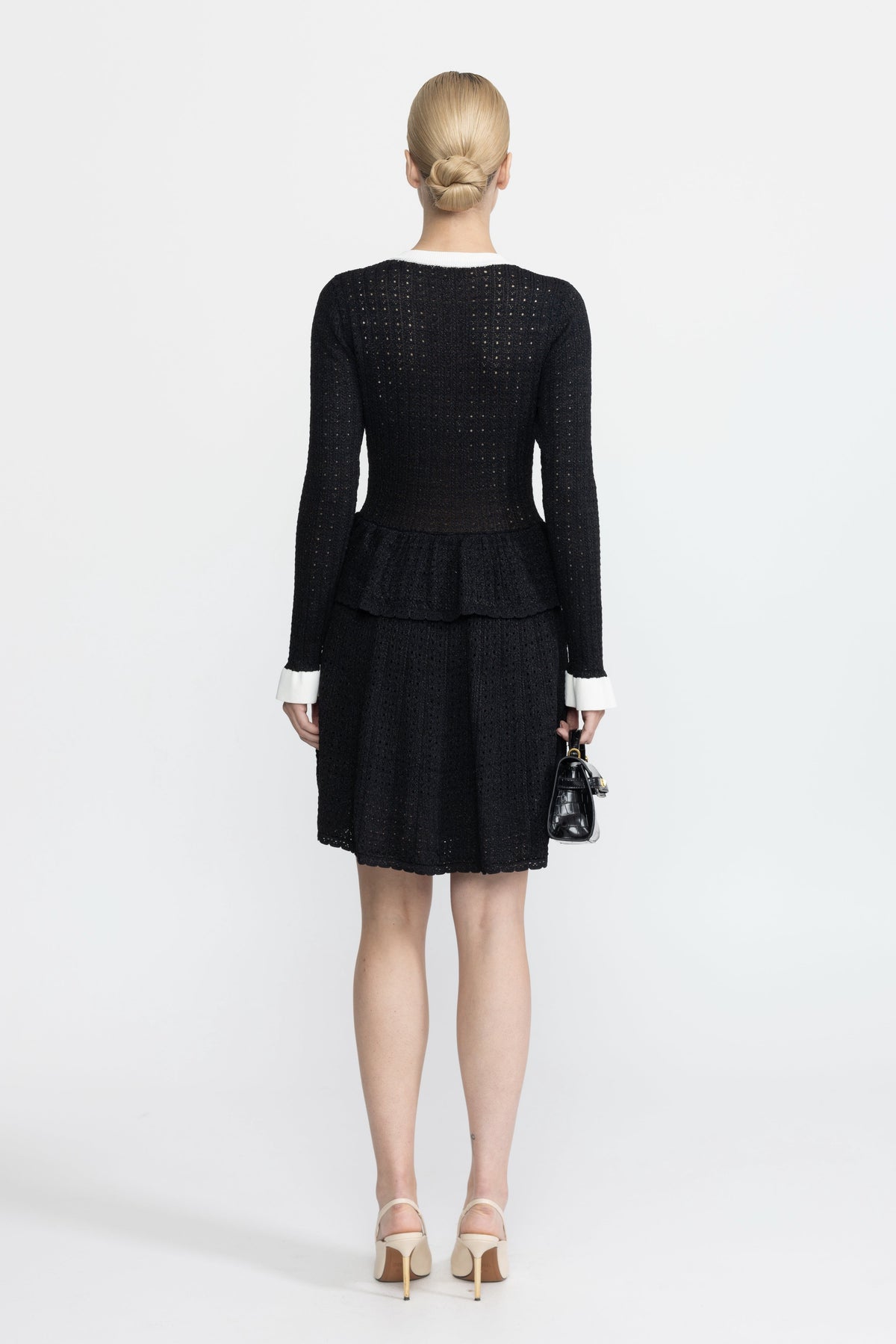 Henriette Black Pointelle Knit Peplum Mini Dress with Gold Buttons