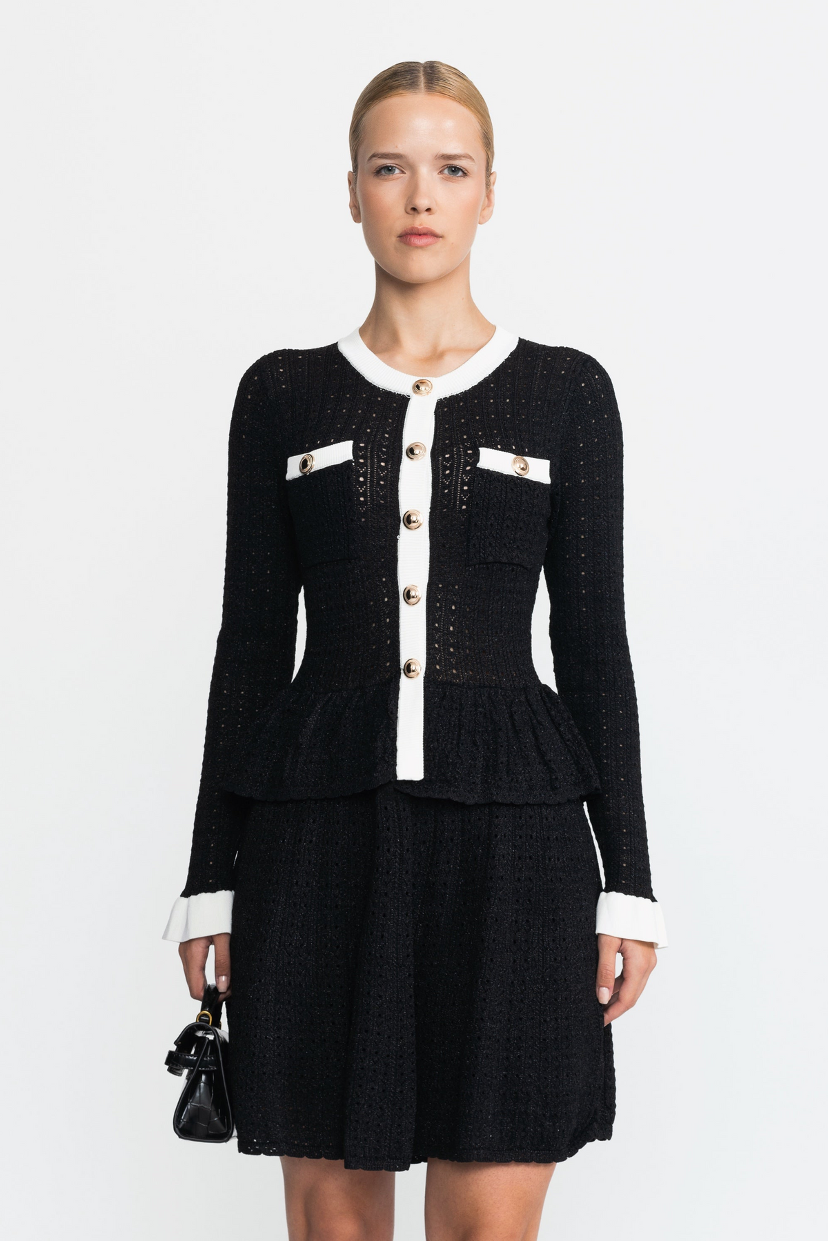 Henriette Black Pointelle Knit Peplum Mini Dress with Gold Buttons