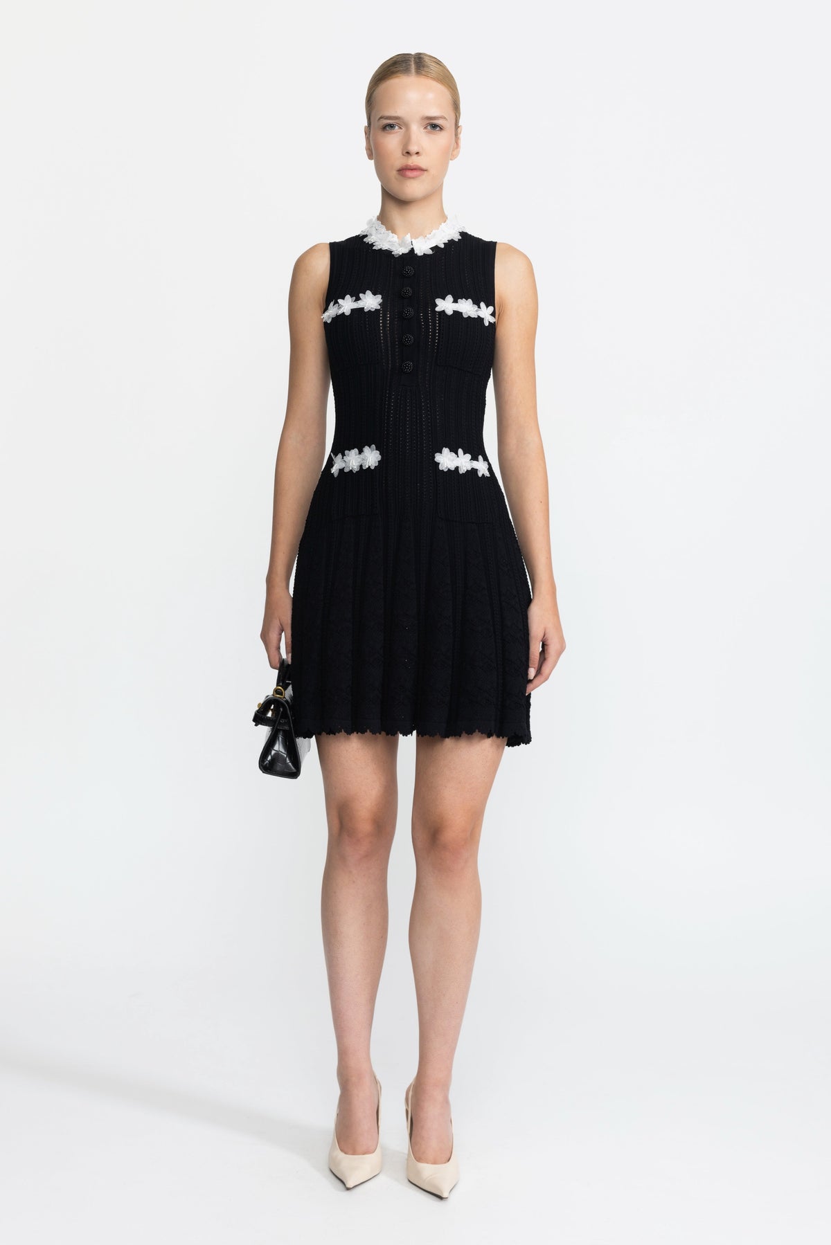Flavie Black Organza Flower Trim Pointelle Knit Mini Dress
