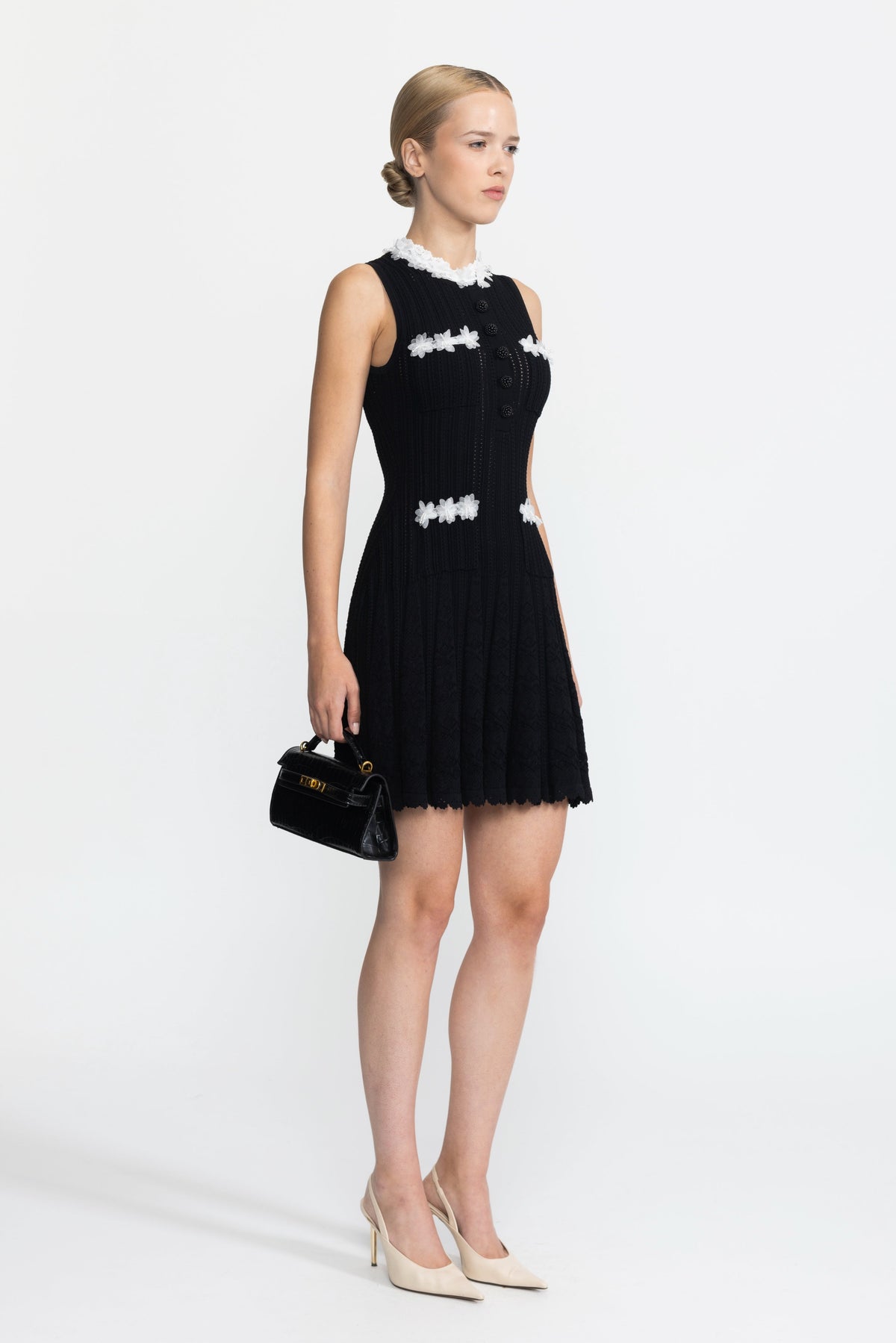 Flavie Black Organza Flower Trim Pointelle Knit Mini Dress