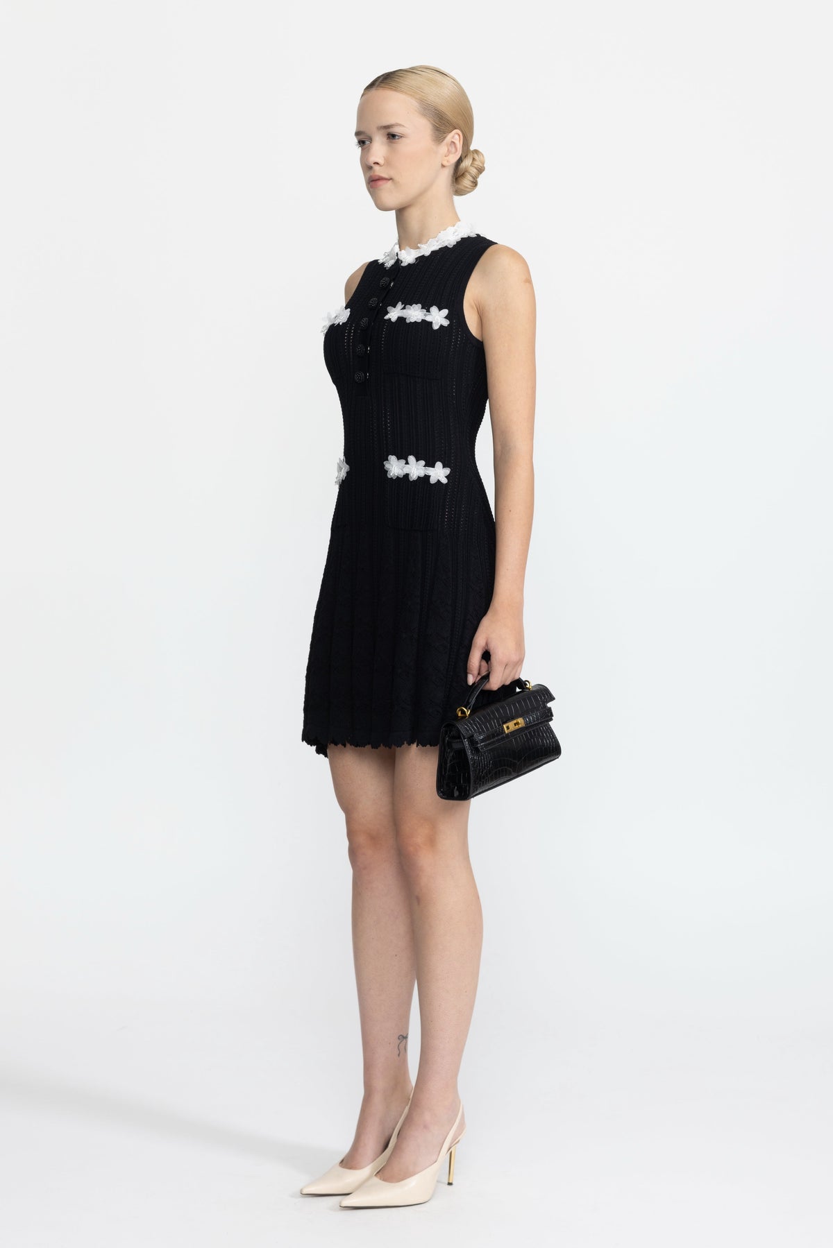 Flavie Black Organza Flower Trim Pointelle Knit Mini Dress