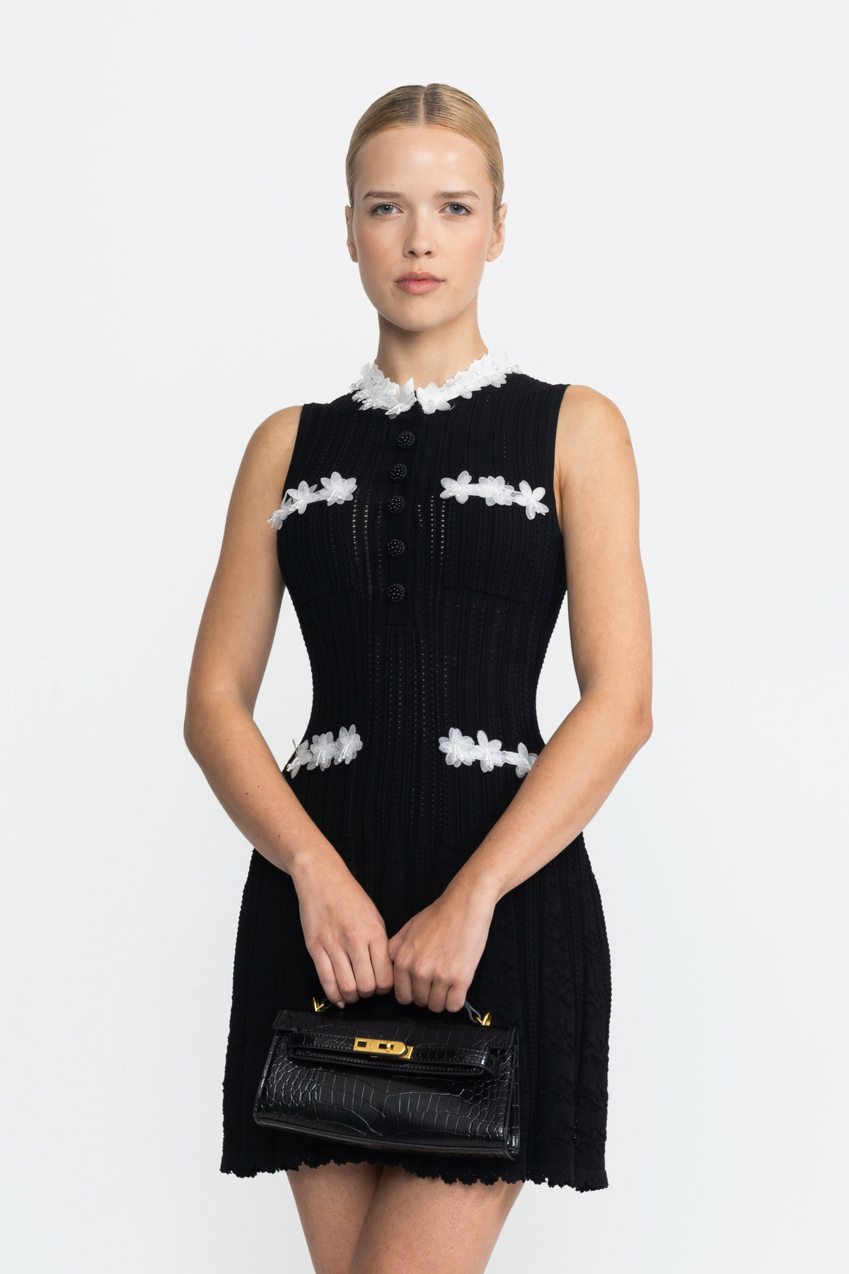 Flavie Black Organza Flower Trim Pointelle Knit Mini Dress
