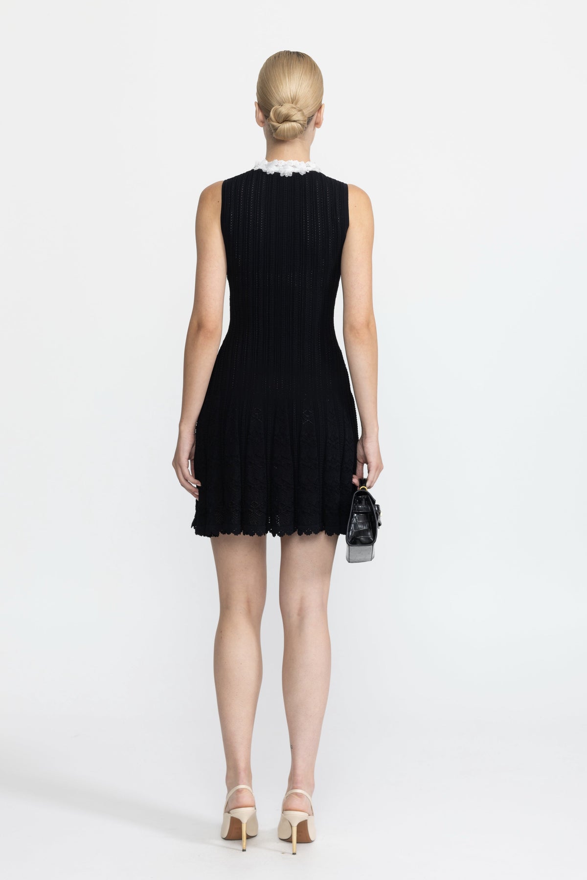 Flavie Black Organza Flower Trim Pointelle Knit Mini Dress