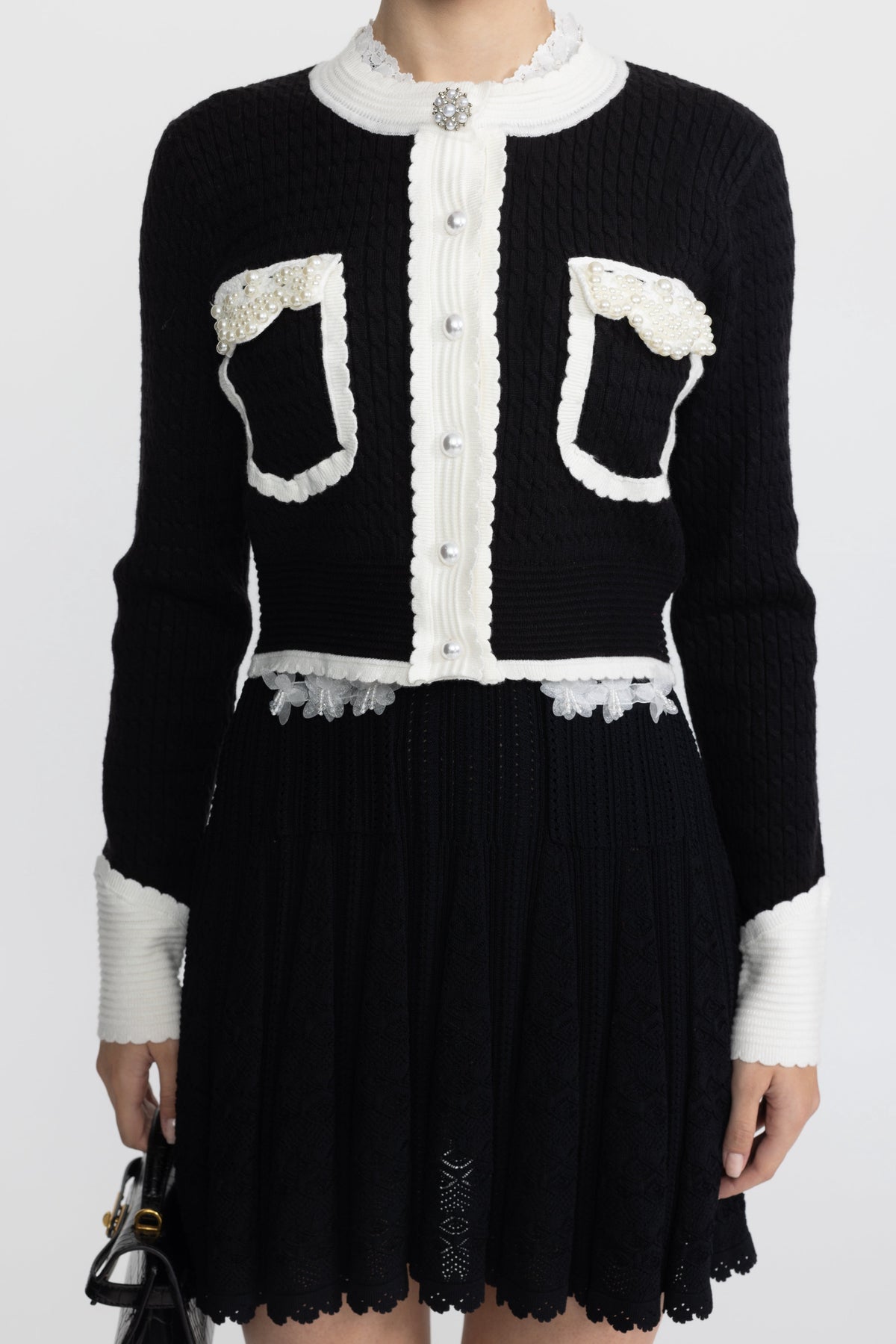 Nicolette Black Pearl Embellished Contrast Trim Cable Knit Cropped Cardigan