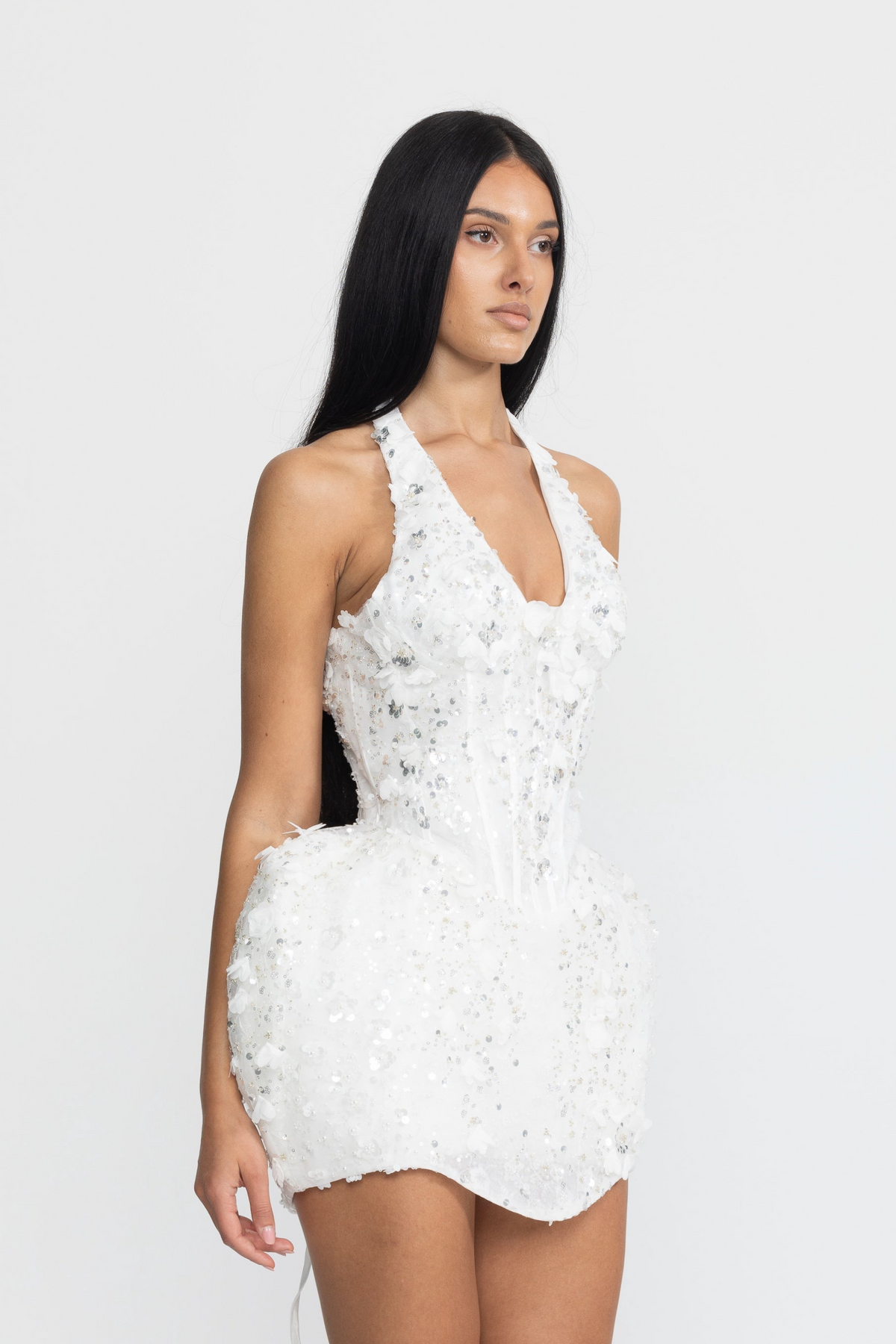 Lucrèce White Sequin Flower Halter Corset Bubble Mini Dress