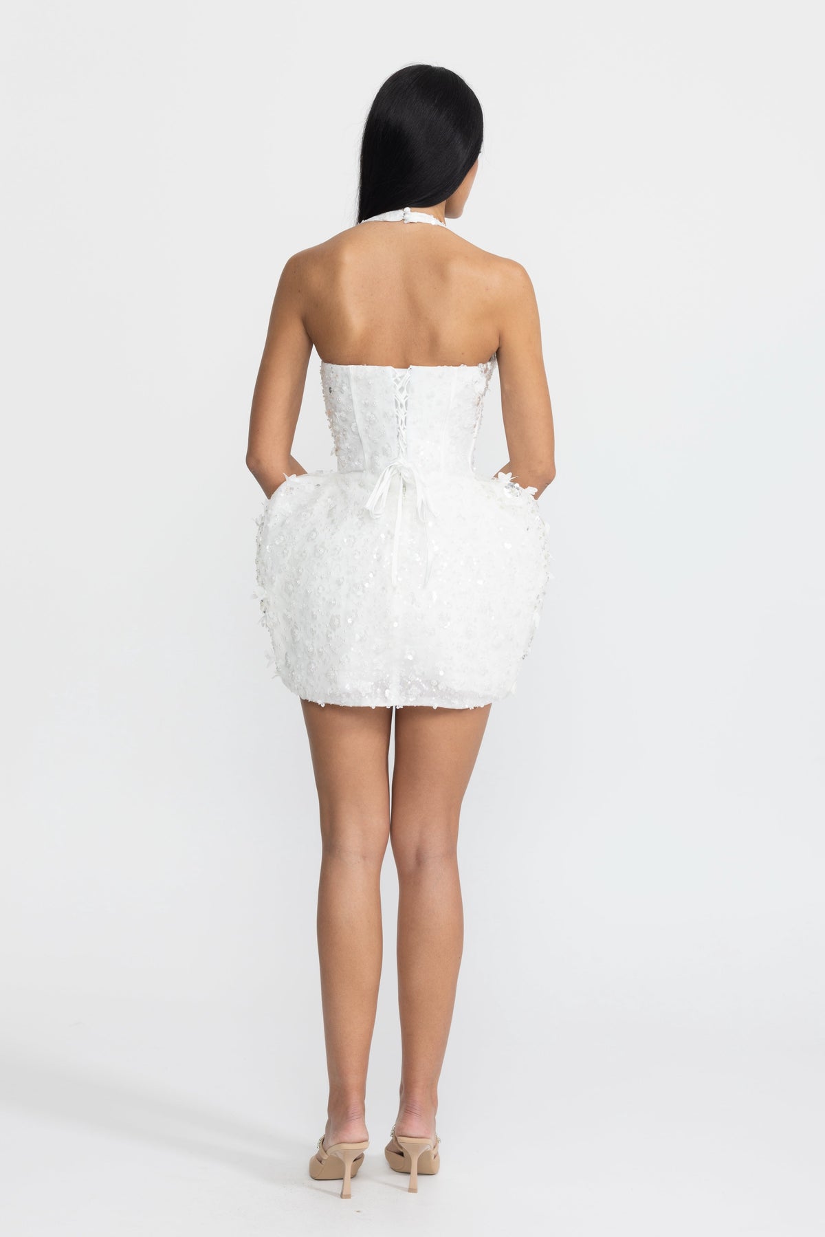 Lucrèce White Sequin Flower Halter Corset Bubble Mini Dress