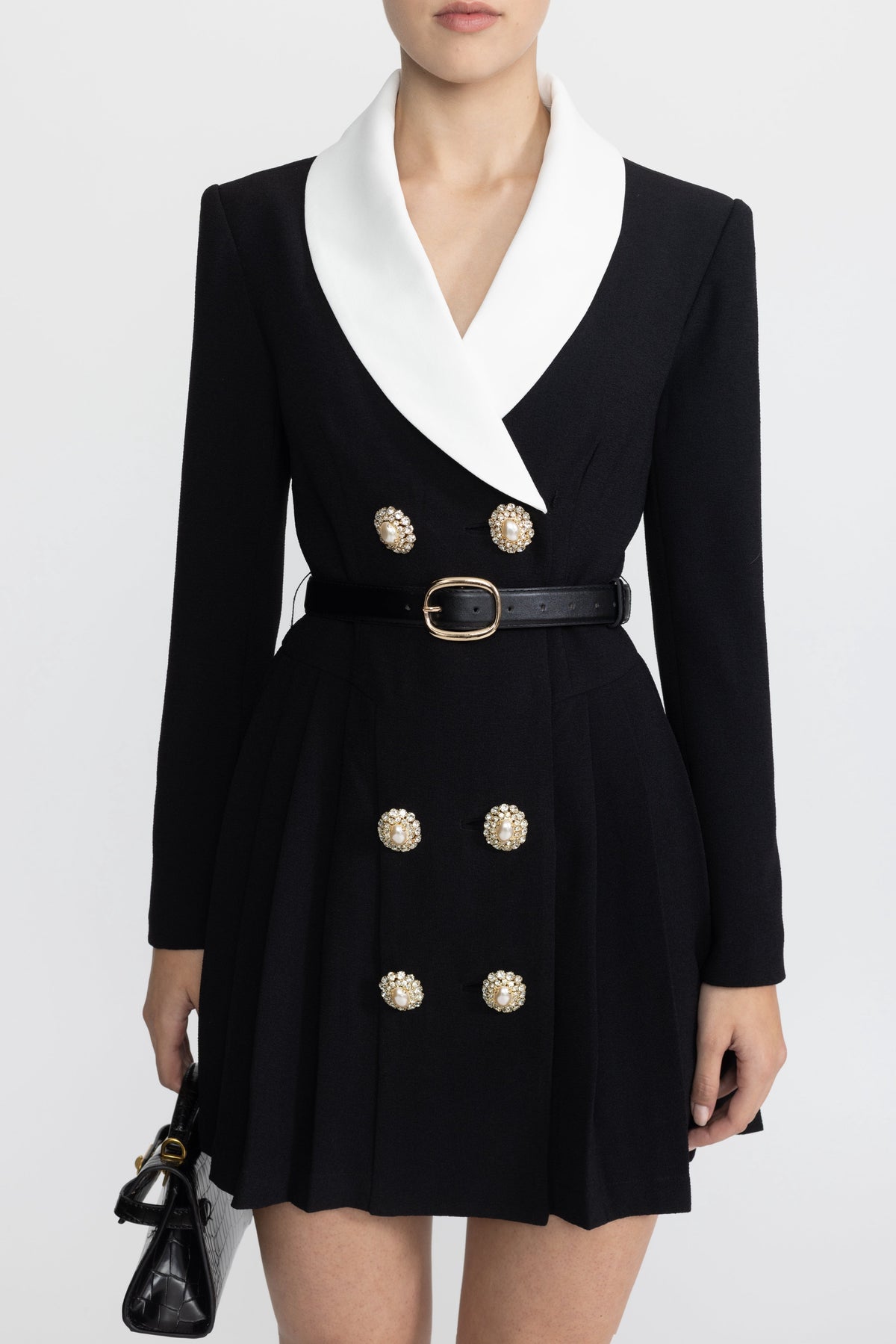 Maylis Black Contrast Lapel Belted Pleated Blazer Mini Dress