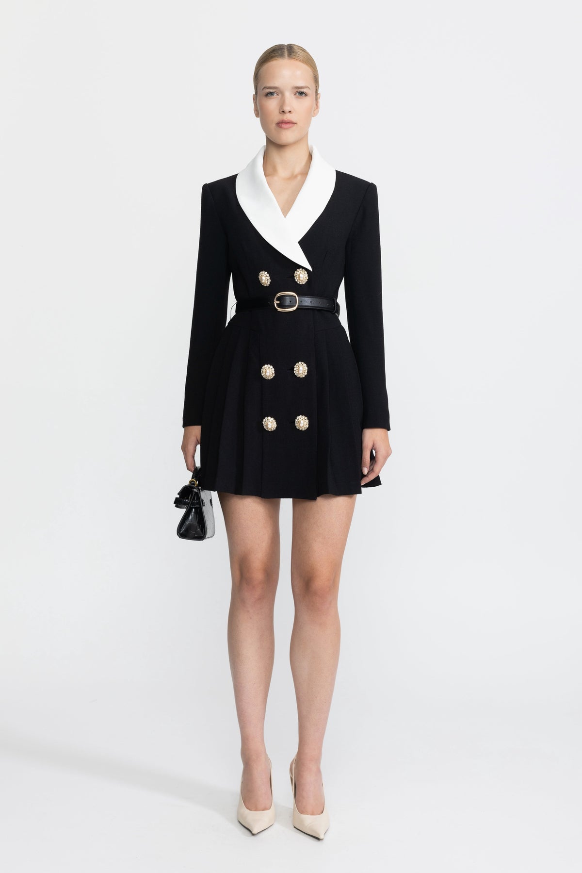 Maylis Black Contrast Lapel Belted Pleated Blazer Mini Dress