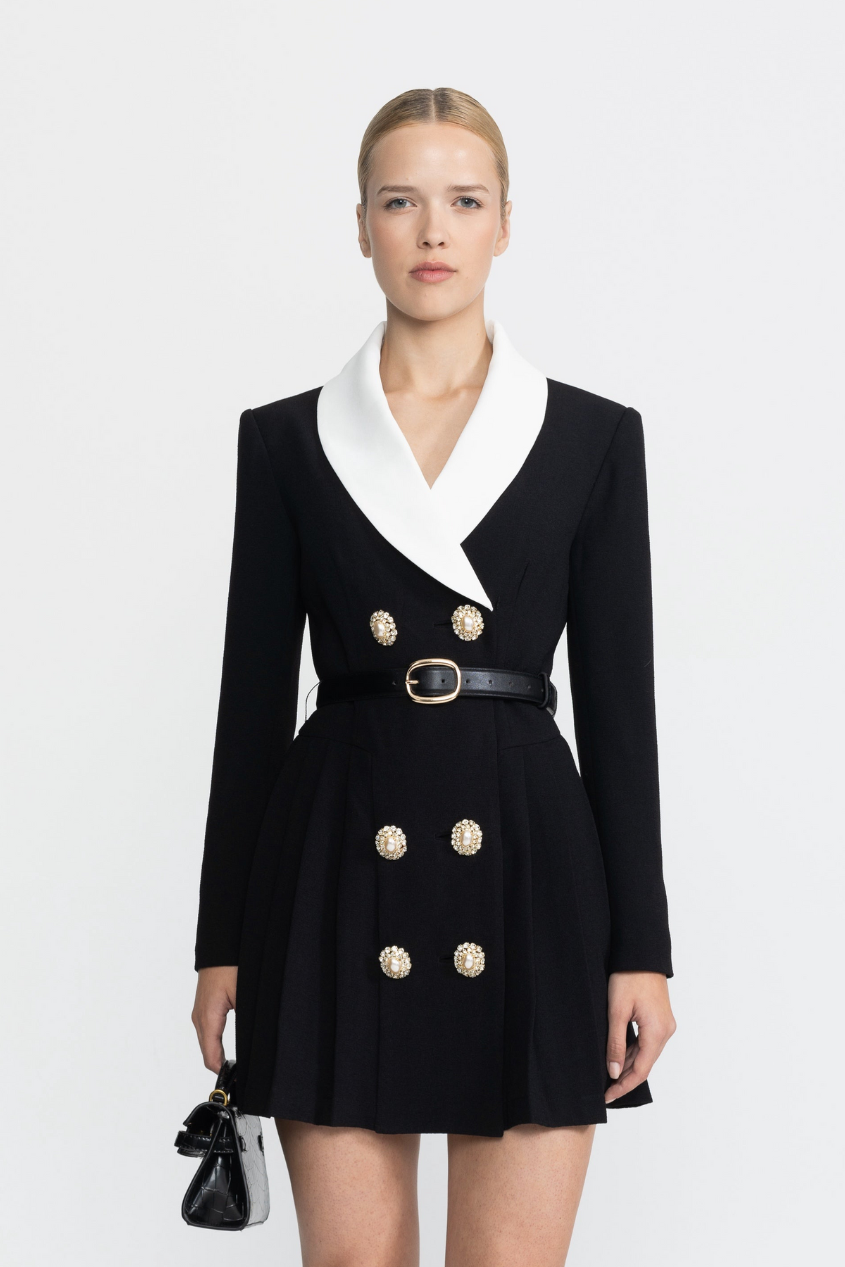 Maylis Black Contrast Lapel Belted Pleated Blazer Mini Dress