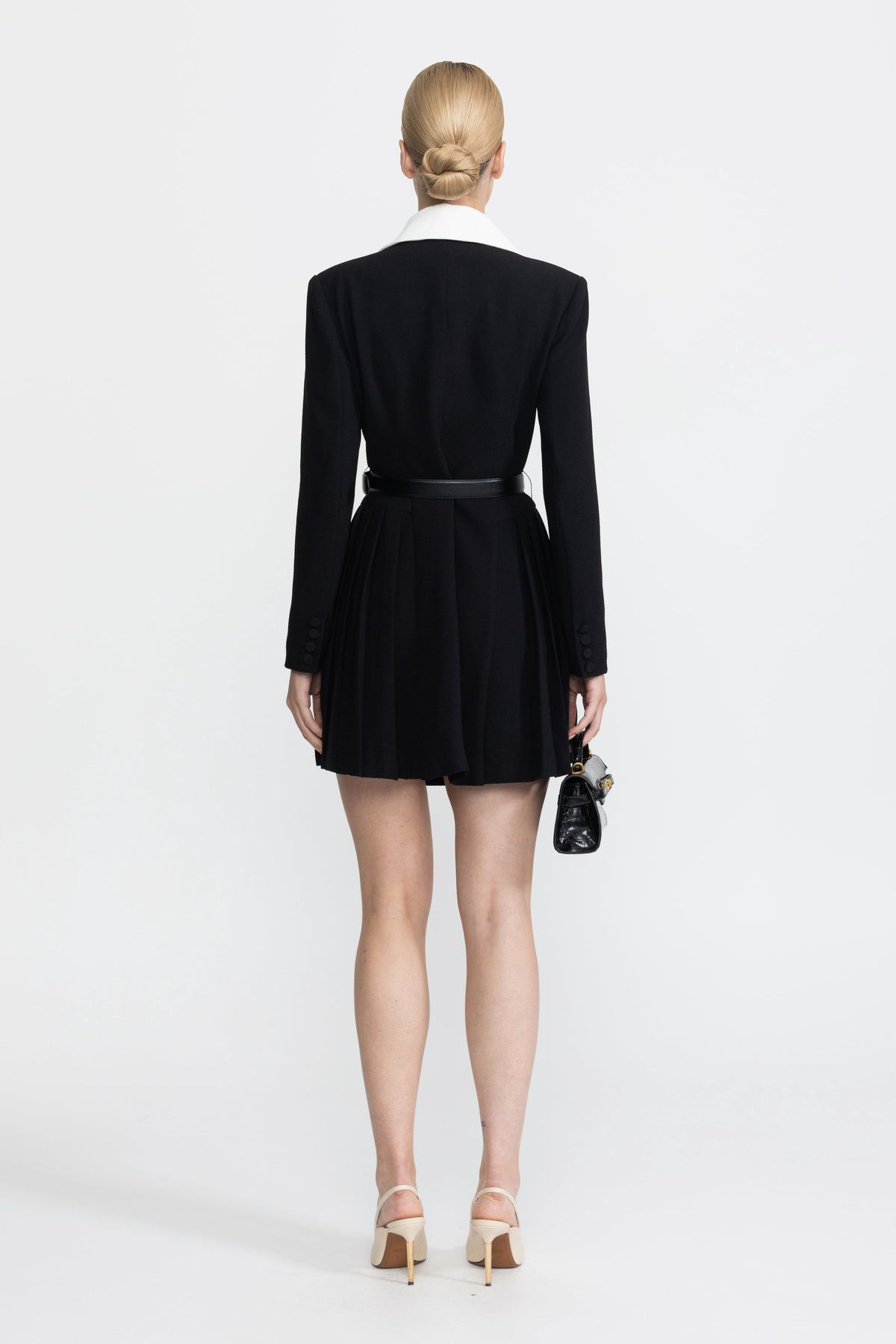 Maylis Black Contrast Lapel Belted Pleated Blazer Mini Dress
