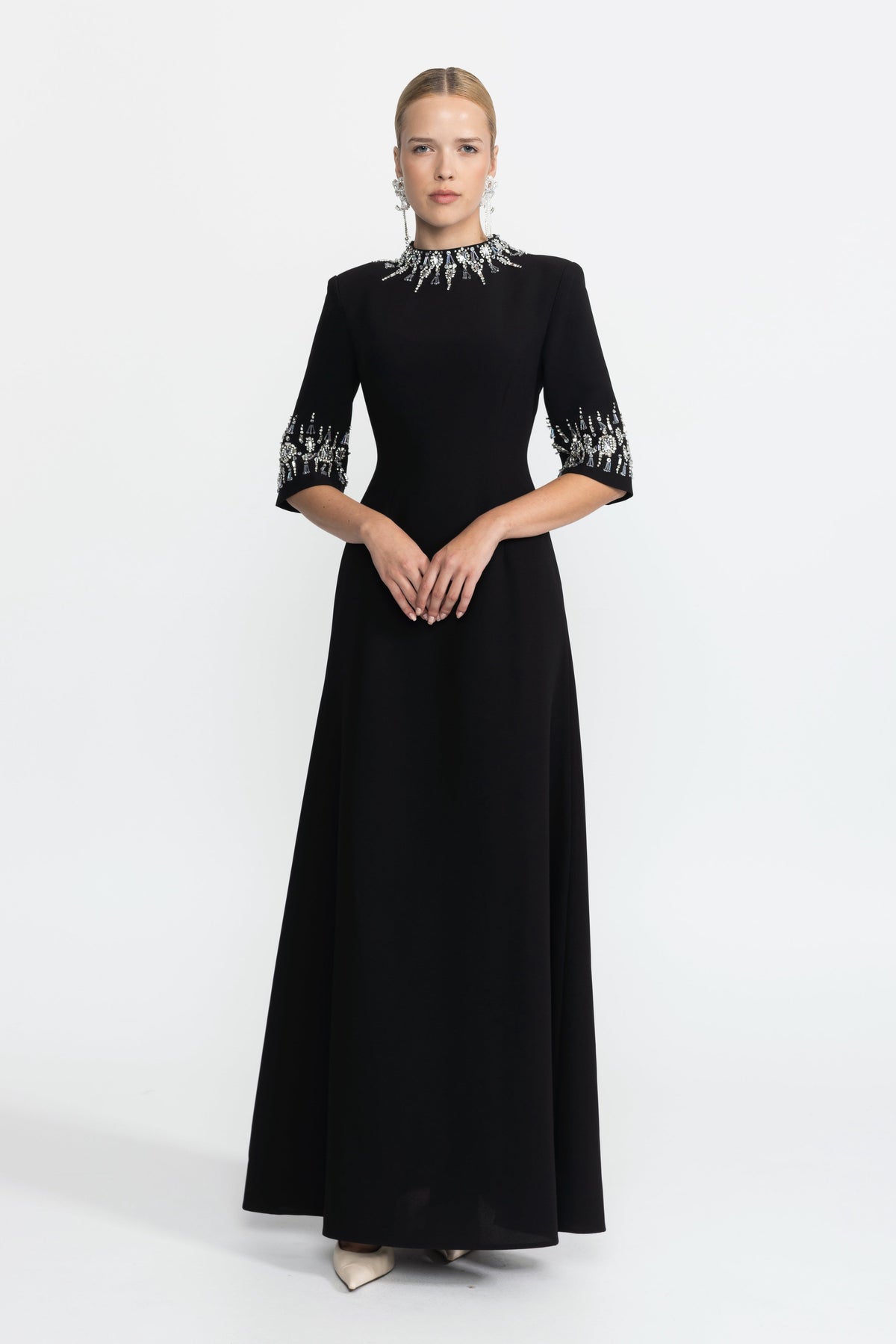 Félicie Black Crystal Embellished Collar and Cuff Maxi Dress