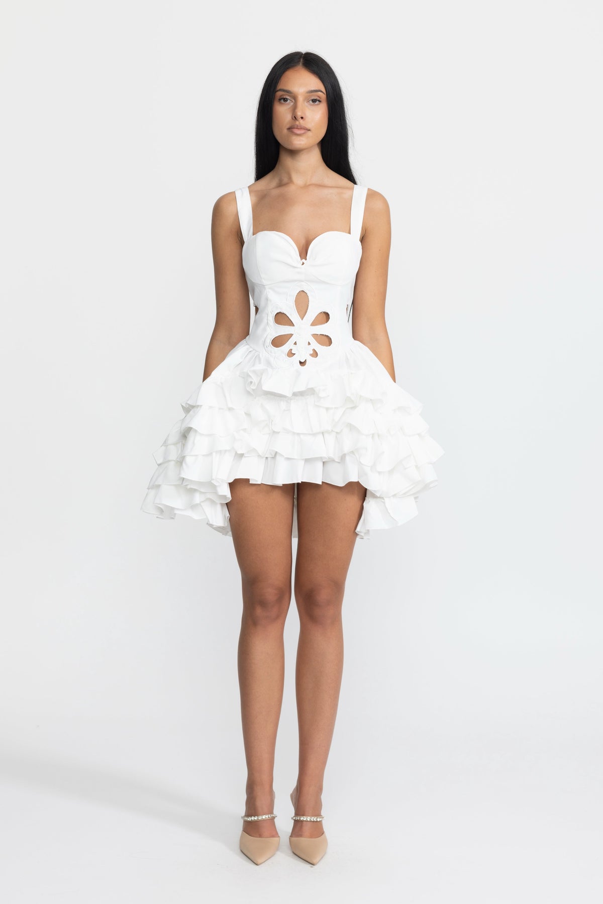 Celestine White Embroidered Flower Cutout Ruffle Mini Dress