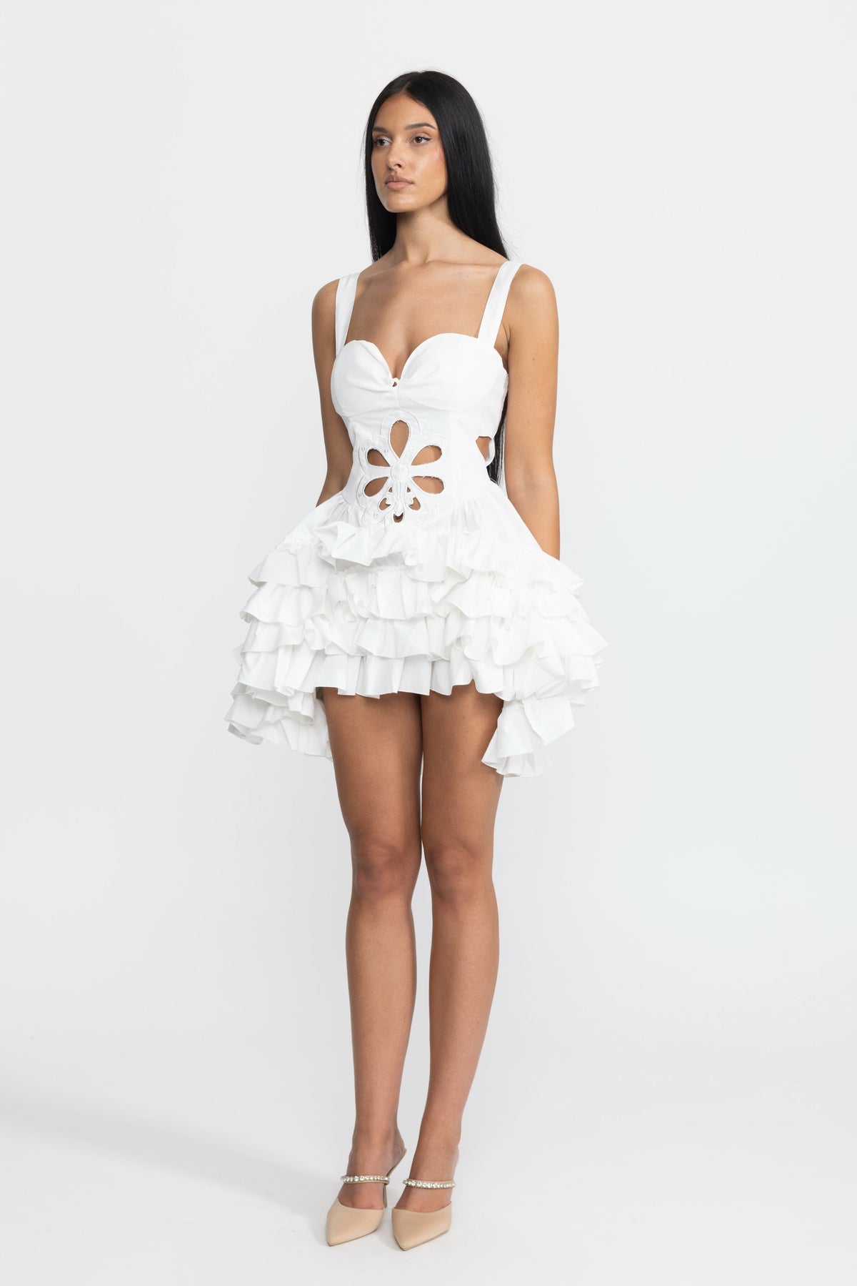 Celestine White Embroidered Flower Cutout Ruffle Mini Dress