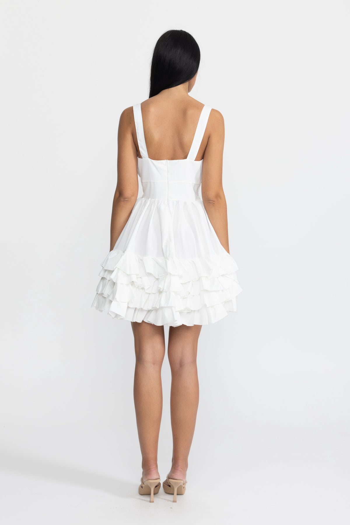 Celestine White Embroidered Flower Cutout Ruffle Mini Dress