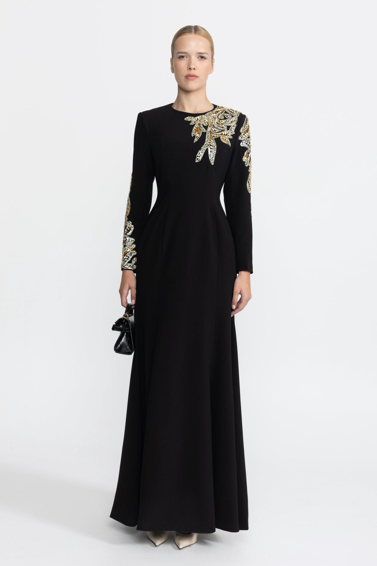 Margaux Black Crystal Leaf Embellished Long Sleeve Maxi Dress