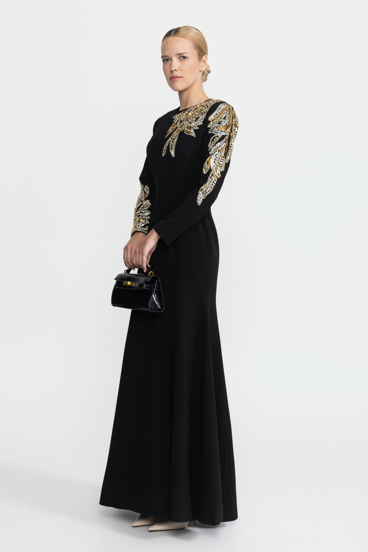Margaux Black Crystal Leaf Embellished Long Sleeve Maxi Dress
