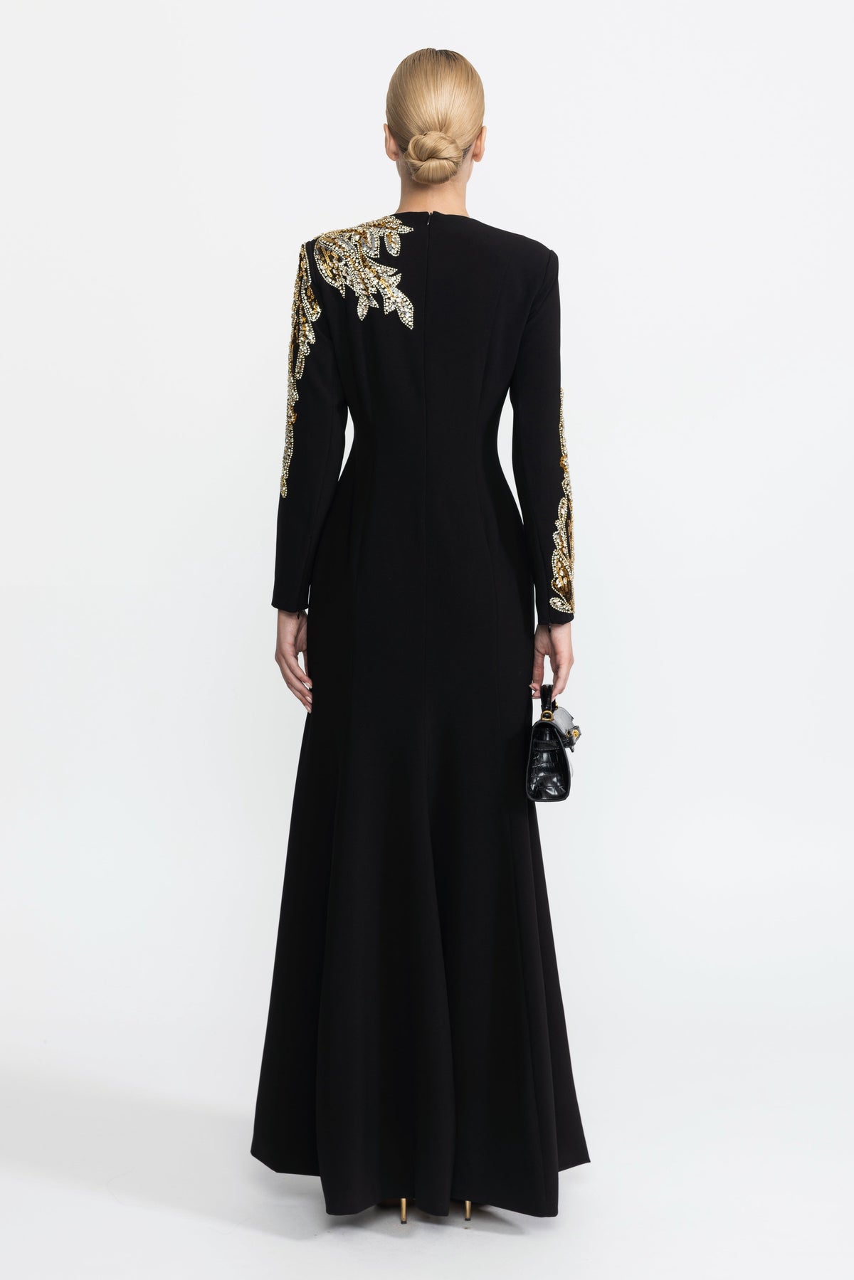 Margaux Black Crystal Leaf Embellished Long Sleeve Maxi Dress