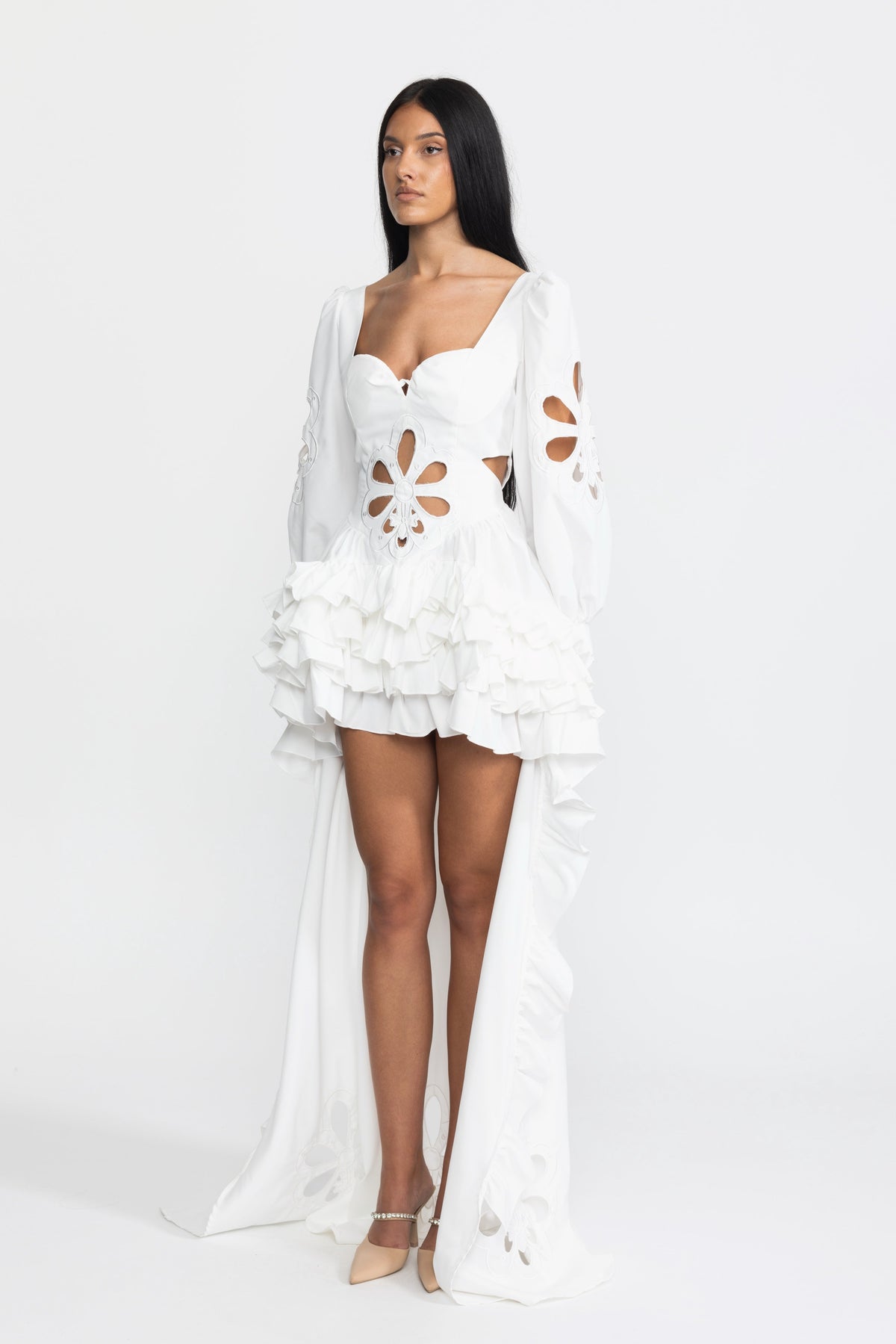 Aurelie White Embroidered Cutout Puff Sleeve High-Low Ruffle Gown