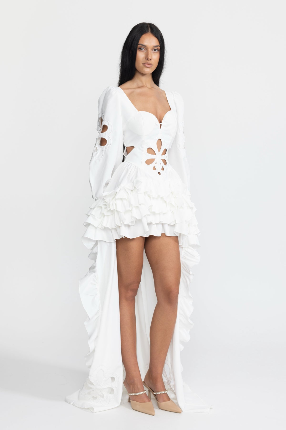 Aurelie White Embroidered Cutout Puff Sleeve High-Low Ruffle Gown