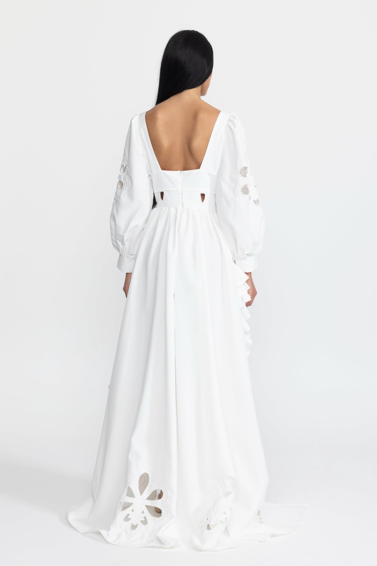 Aurelie White Embroidered Cutout Puff Sleeve High-Low Ruffle Gown