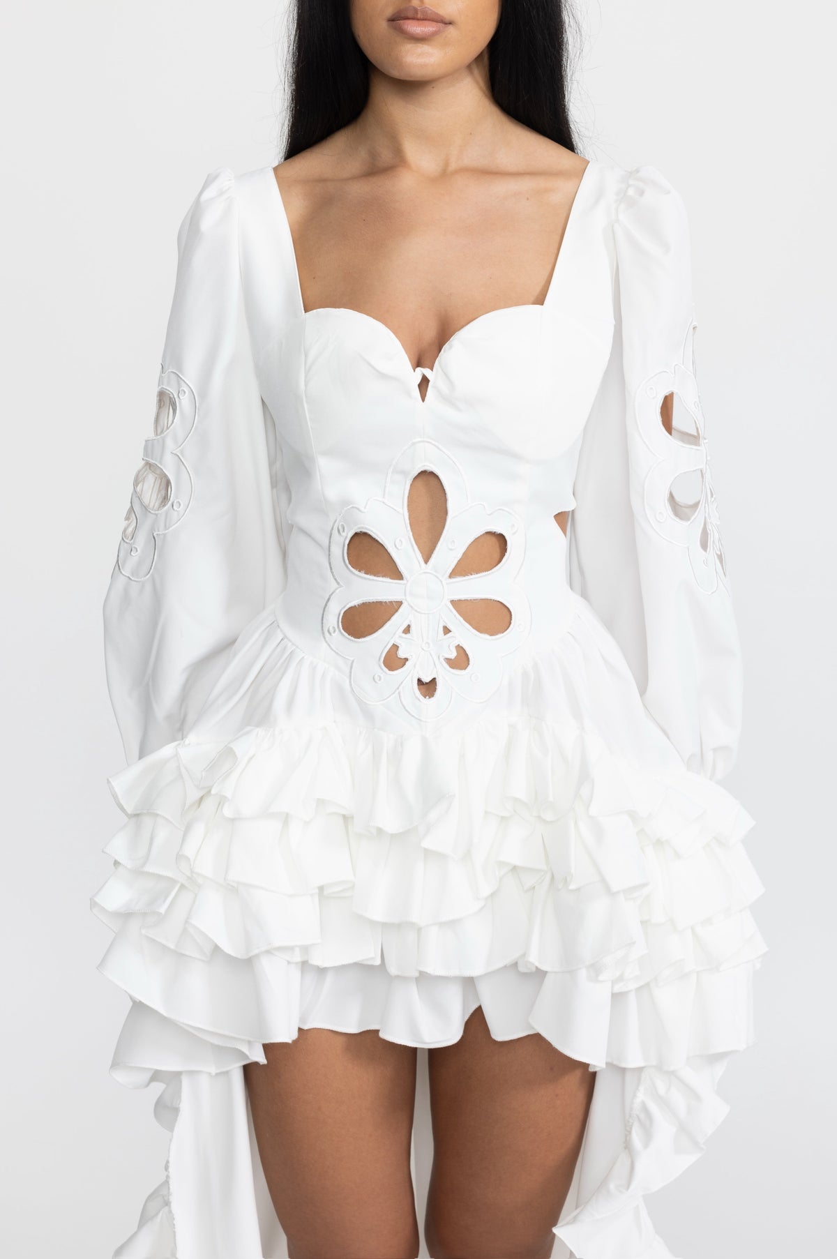 Aurelie White Embroidered Cutout Puff Sleeve High-Low Ruffle Gown
