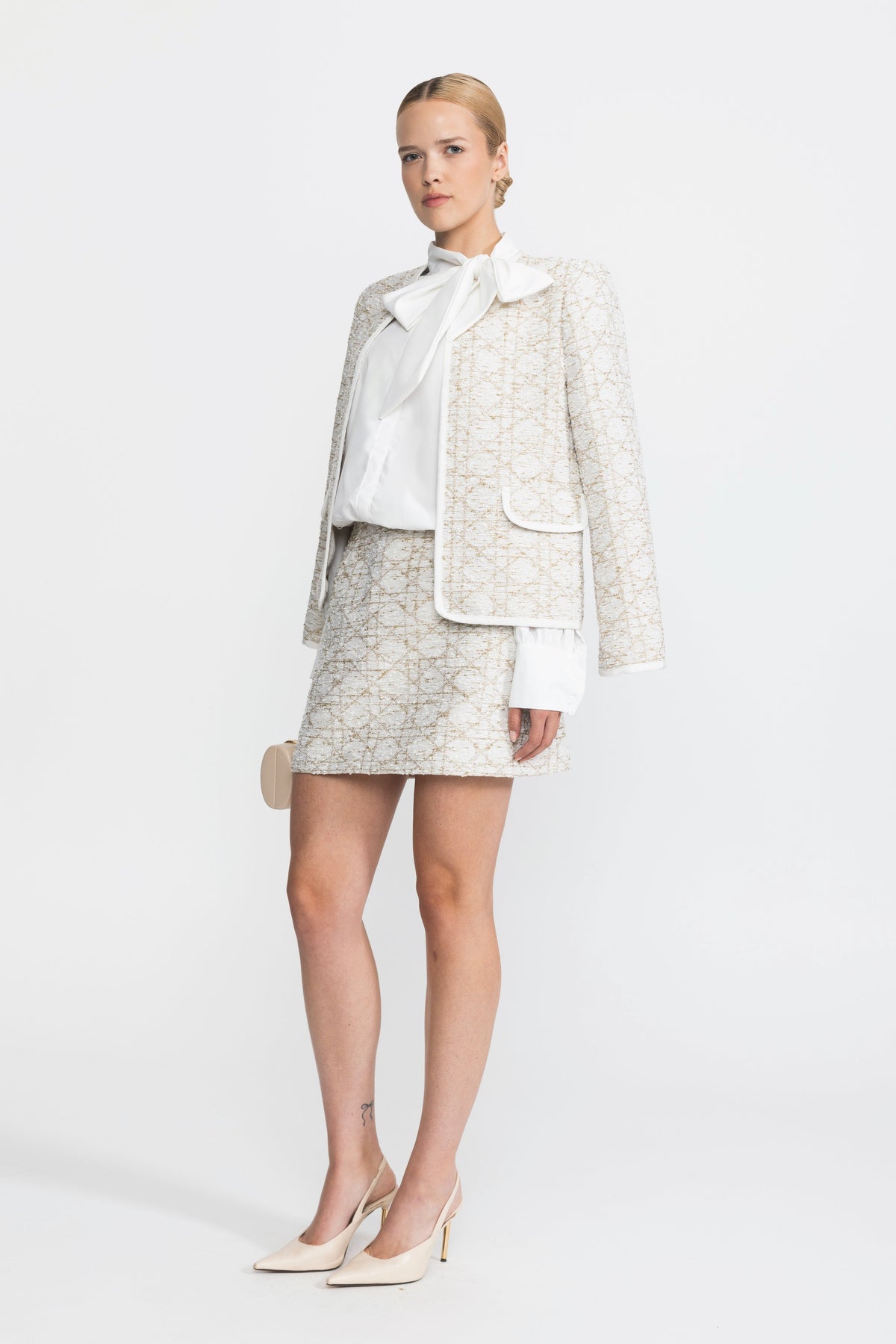 Ines Ivoire Metallic Jacquard Tweed Jacket And Mini Skirt Co-ord Set