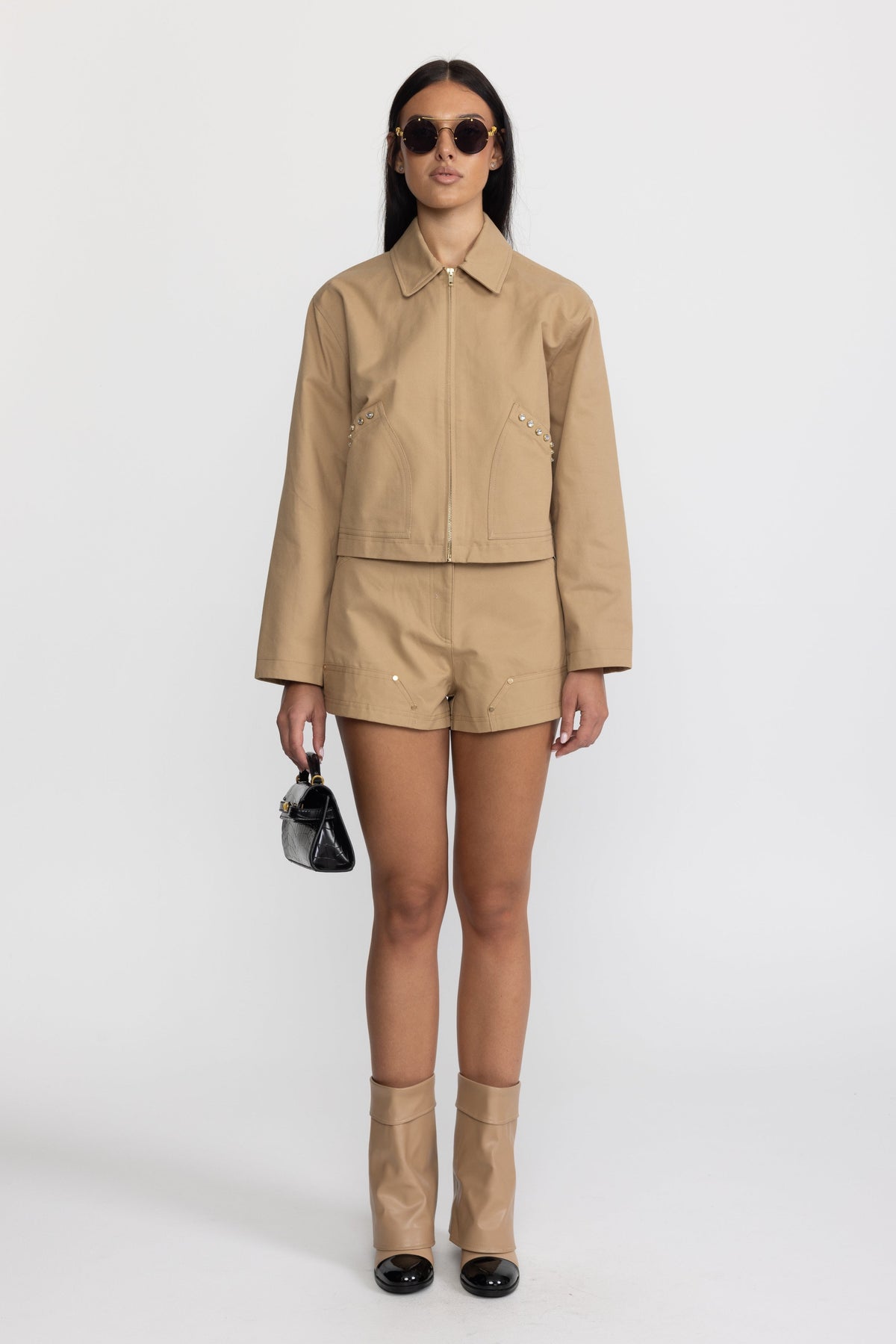 Servane Khaki Crystal Stud Cropped Canvas Zip Jacket