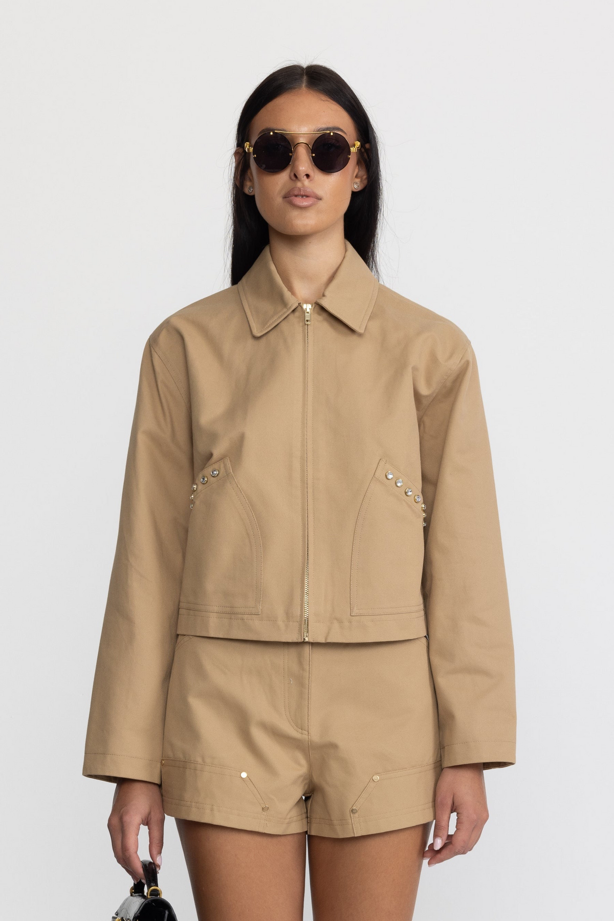 Servane Khaki Crystal Stud Cropped Canvas Zip Jacket