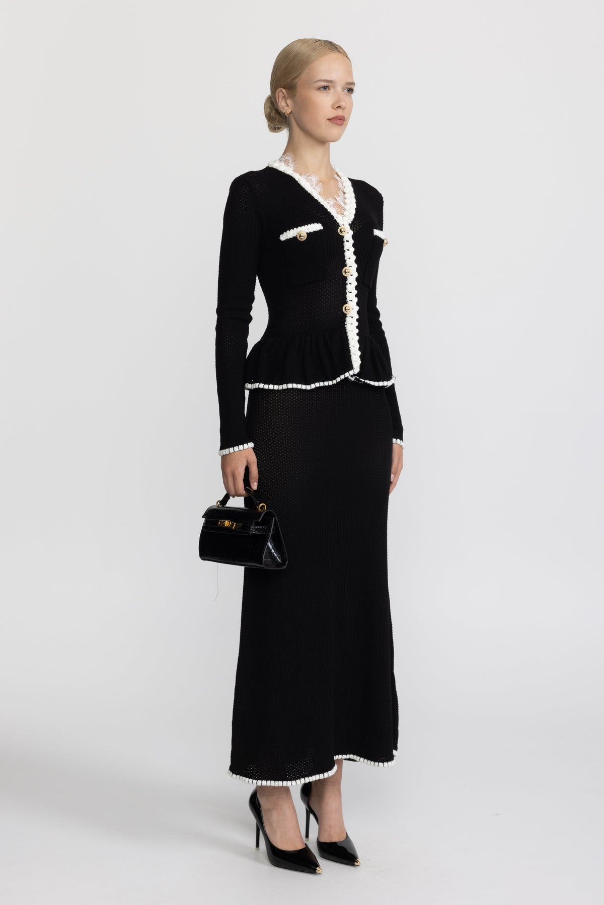 Théodora Black Lace Trim Crochet Knit Peplum Maxi Dress