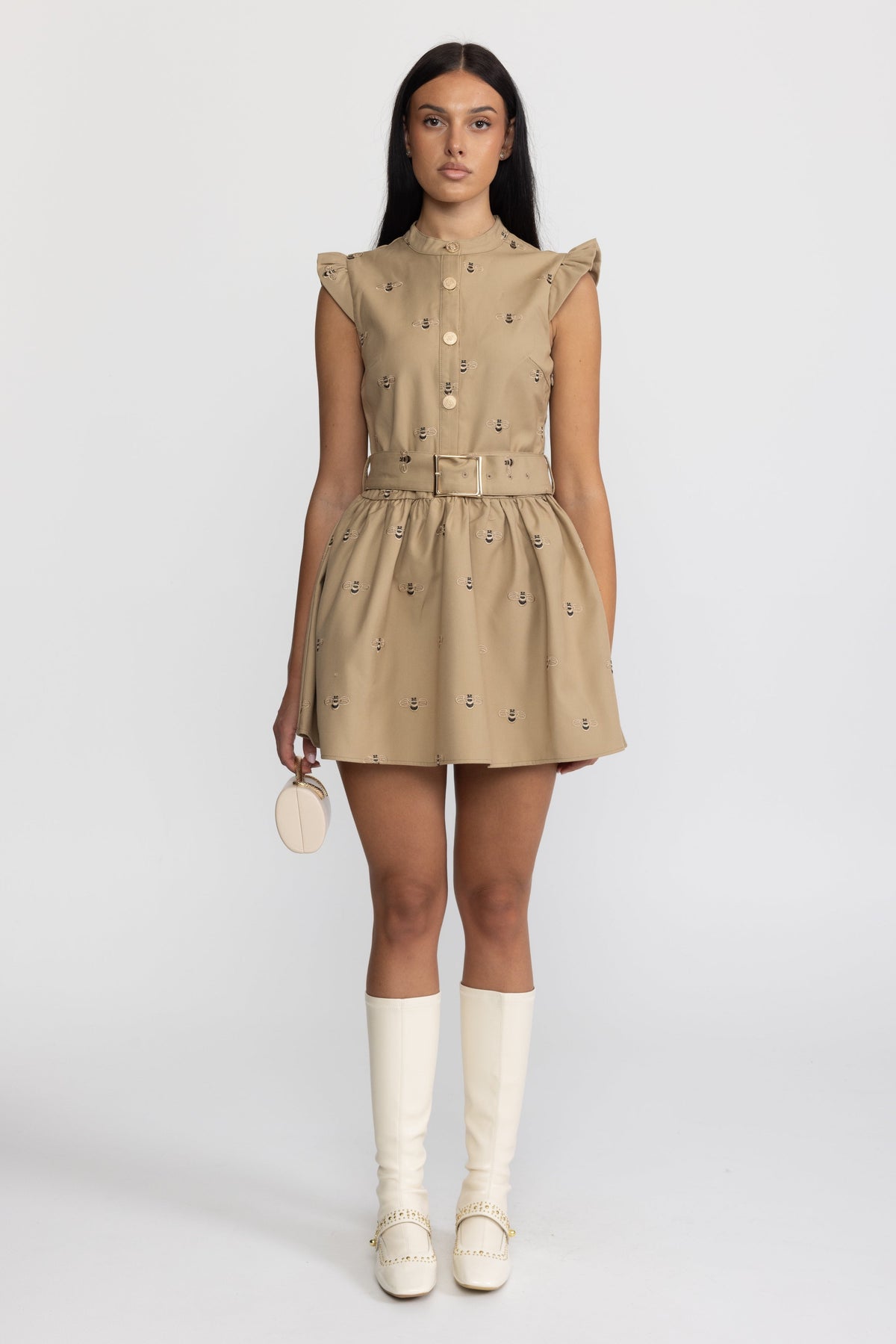 Valériane Khaki Bee Embroidered Belted Cotton Mini Dress