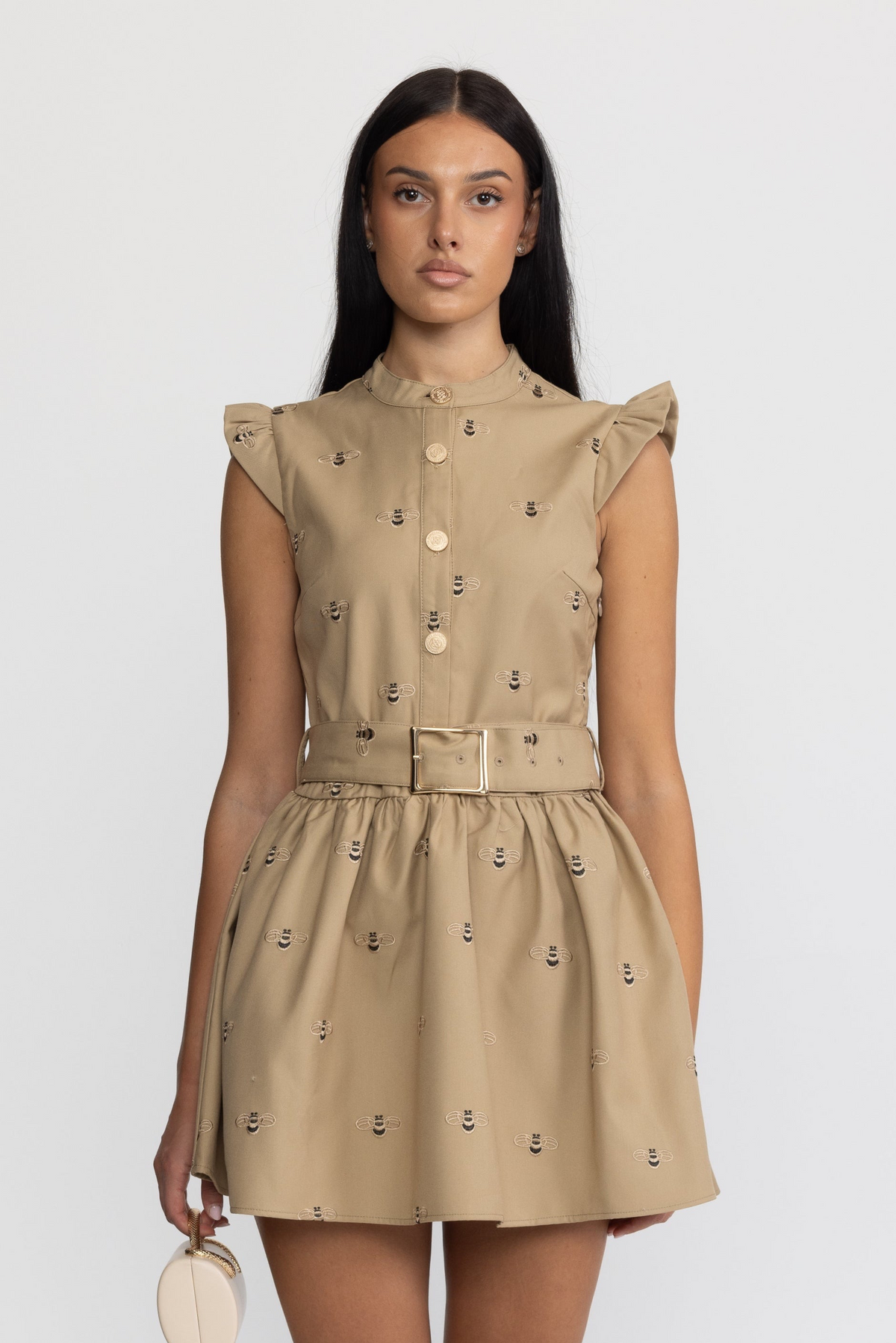 Valériane Khaki Bee Embroidered Belted Cotton Mini Dress