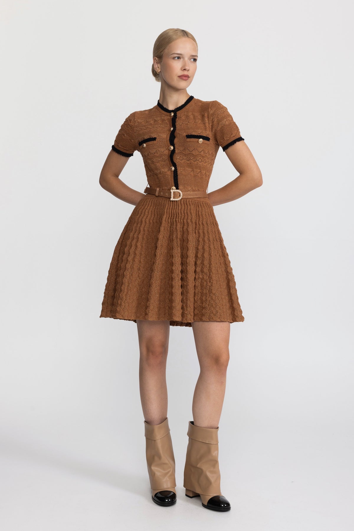 Rosine Caramel Metallic Pointelle Knit Belted Dress with Contrast Trim