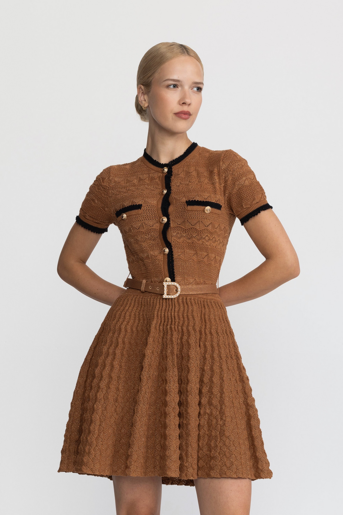 Rosine Caramel Metallic Pointelle Knit Belted Dress with Contrast Trim