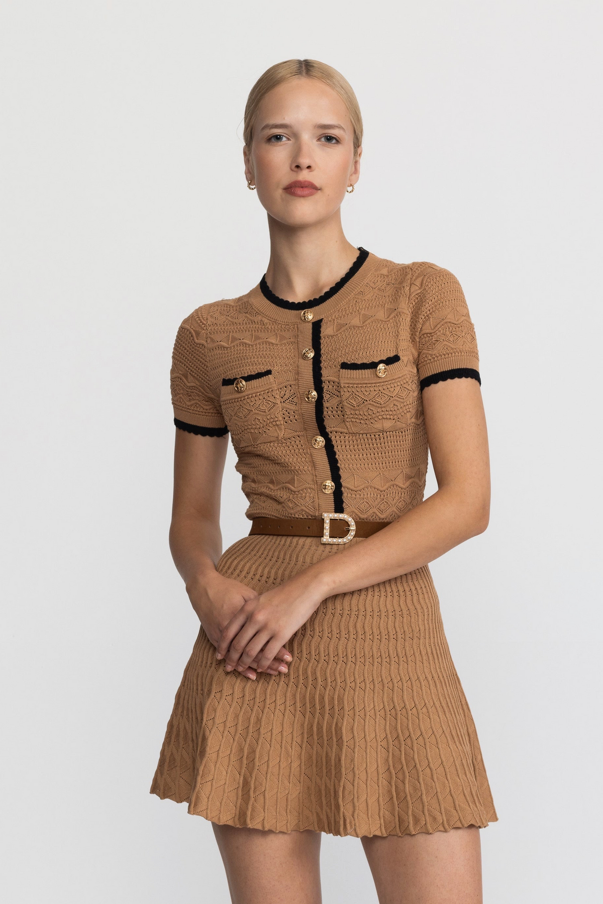 Tiffaine Camel Pointelle Knit Belted Mini Dress with Contrast Trim