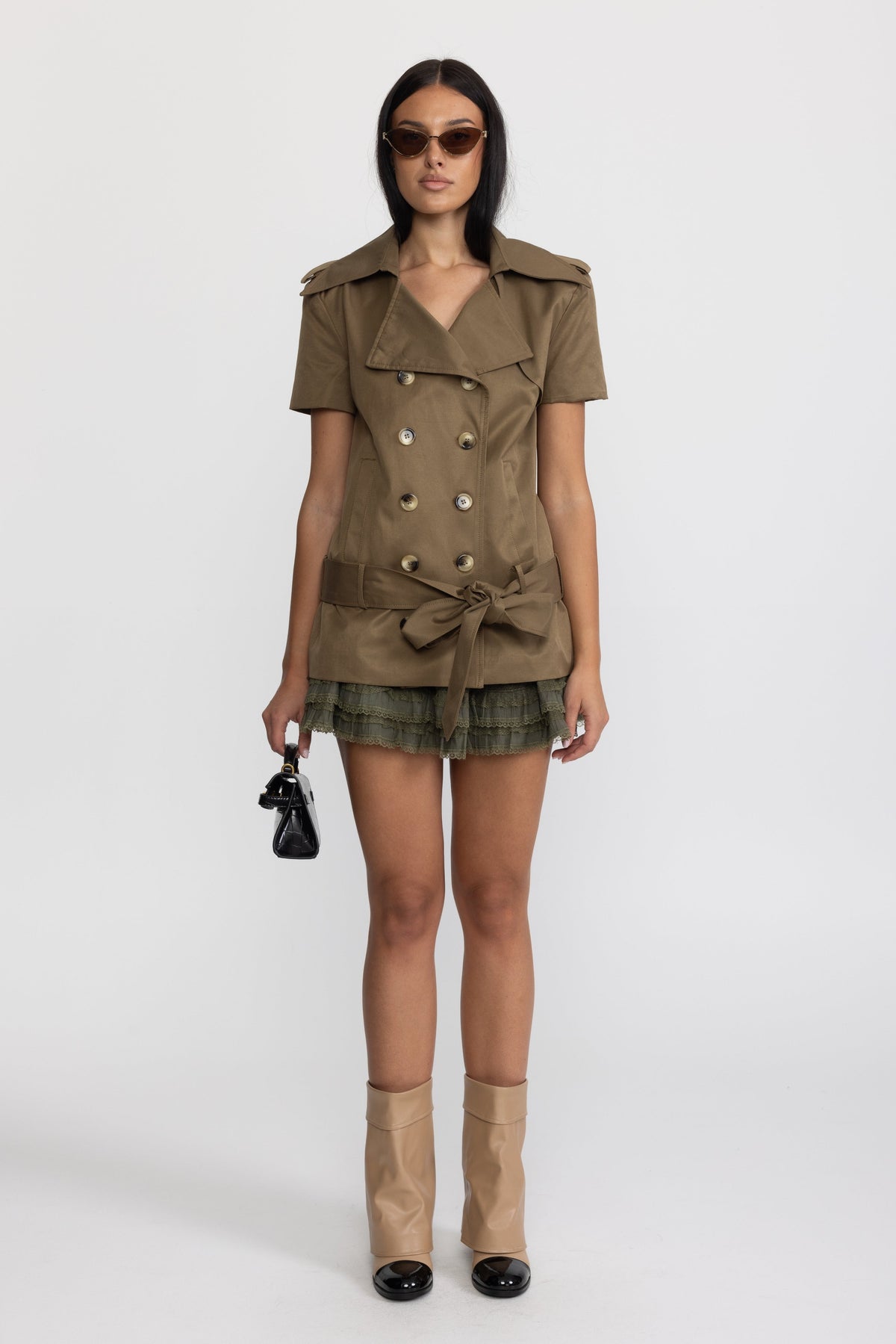 Vanina Olive Trench Top and Ruffle Hem Mini Skirt Co-ord Set