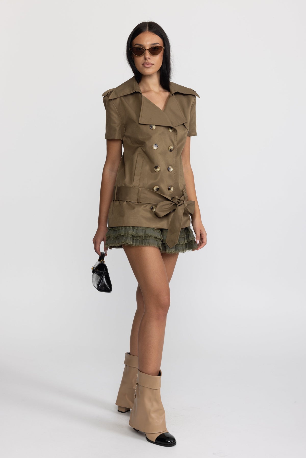 Vanina Olive Trench Top and Ruffle Hem Mini Skirt Co-ord Set