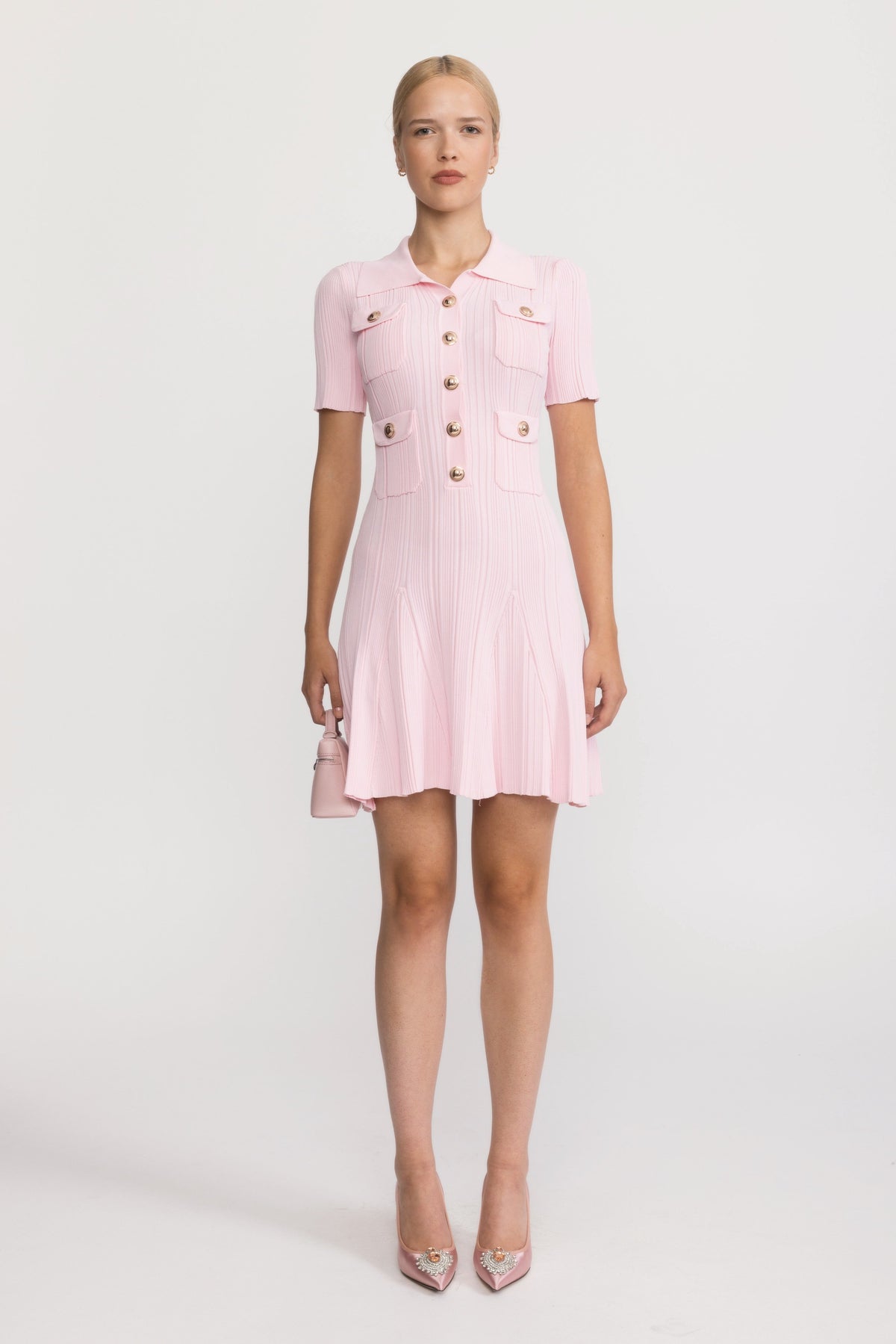 Rosaline Pink Polo Collar Rib Knit Mini Dress with Gold Buttons
