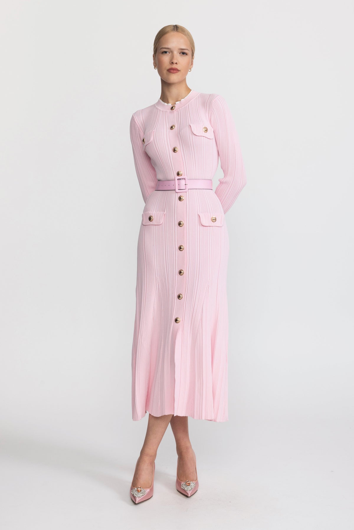 Marie-Ange Pink Belted Rib Knit Button-Front Midi Dress
