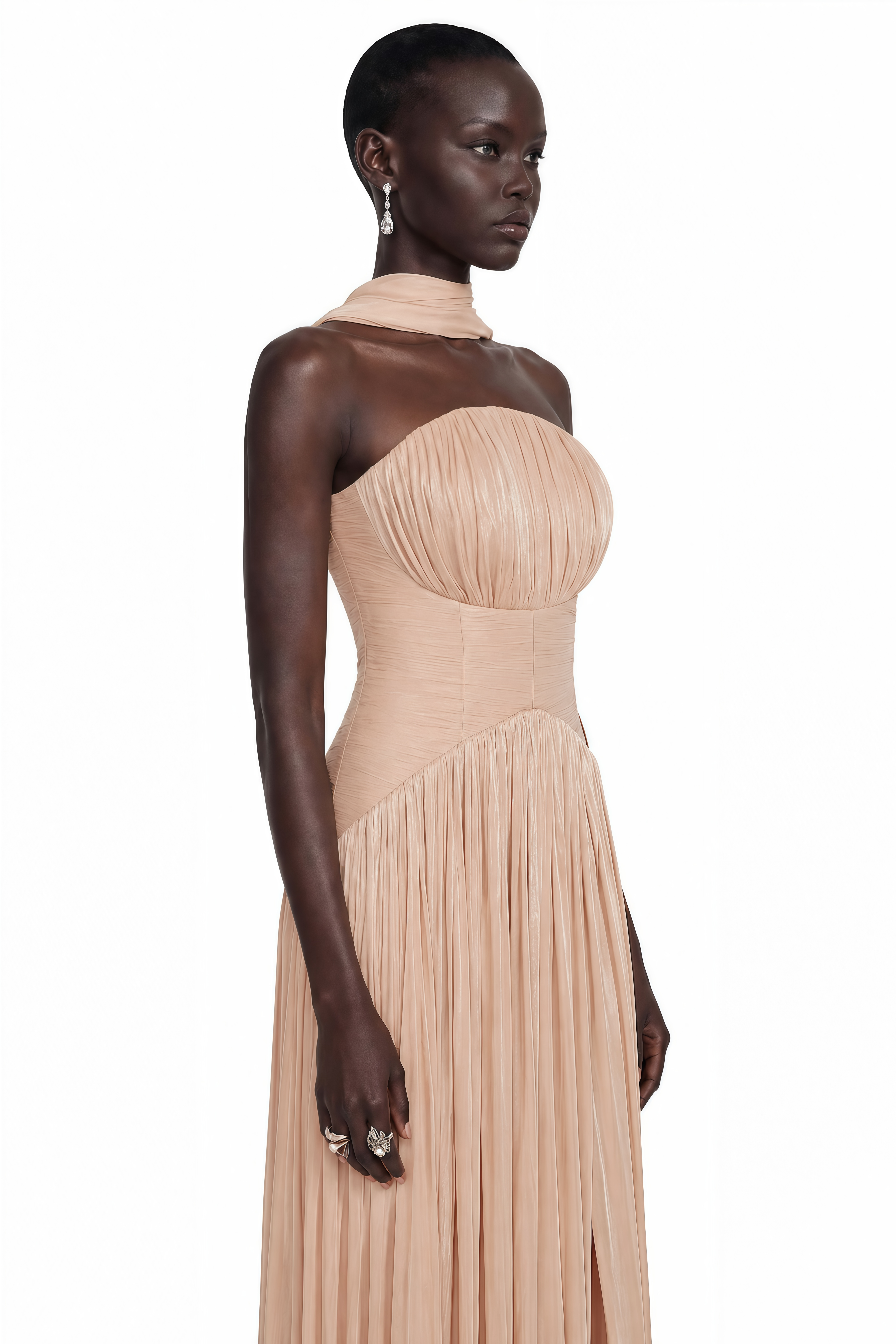 Fadime Champagne Cross Front Ruched Maxi Dress with Cape